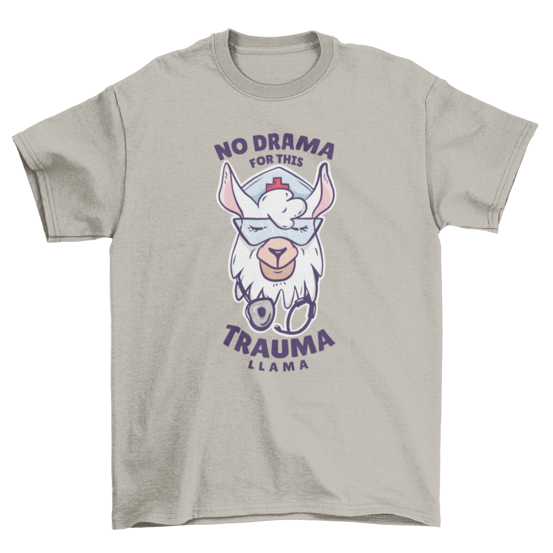 A colorful t-shirt featuring a cute nurse llama illustration and the quote 'No drama for this trauma llama'.