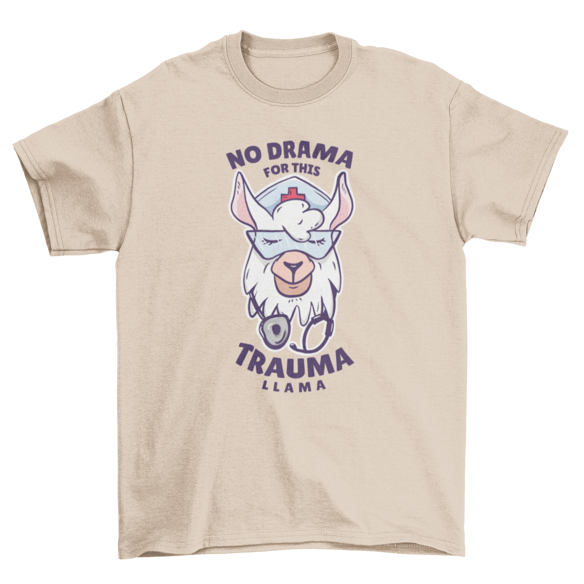 A colorful t-shirt featuring a cute nurse llama illustration and the quote 'No drama for this trauma llama'.