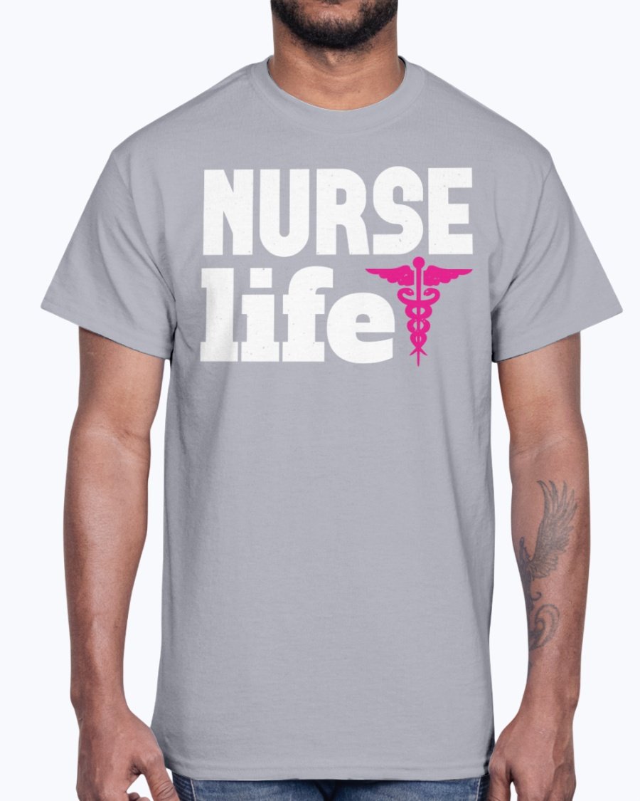 A comfortable unisex cotton tee featuring the phrase 'Nurse Life' designed for nurses, showcasing a classic fit and durable fabric.