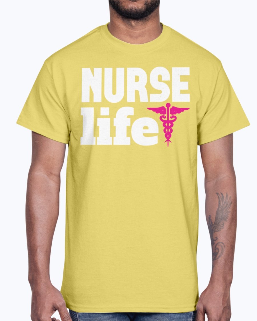 A comfortable unisex cotton tee featuring the phrase 'Nurse Life' designed for nurses, showcasing a classic fit and durable fabric.