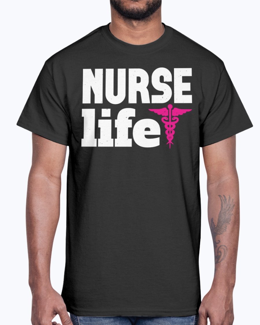 A comfortable unisex cotton tee featuring the phrase 'Nurse Life' designed for nurses, showcasing a classic fit and durable fabric.