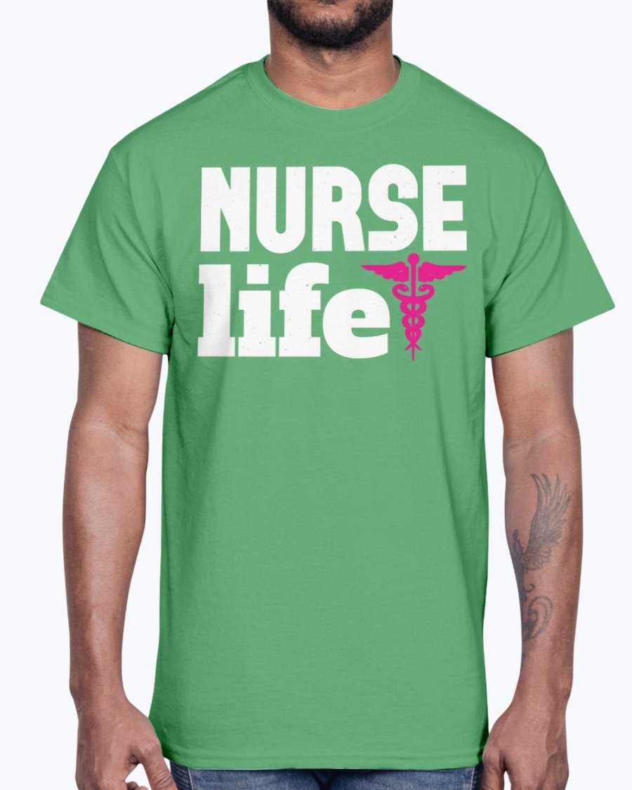 A comfortable unisex cotton tee featuring the phrase 'Nurse Life' designed for nurses, showcasing a classic fit and durable fabric.