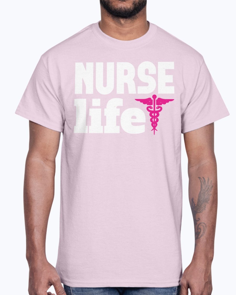 A comfortable unisex cotton tee featuring the phrase 'Nurse Life' designed for nurses, showcasing a classic fit and durable fabric.