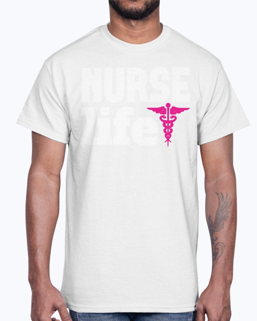 A comfortable unisex cotton tee featuring the phrase 'Nurse Life' designed for nurses, showcasing a classic fit and durable fabric.