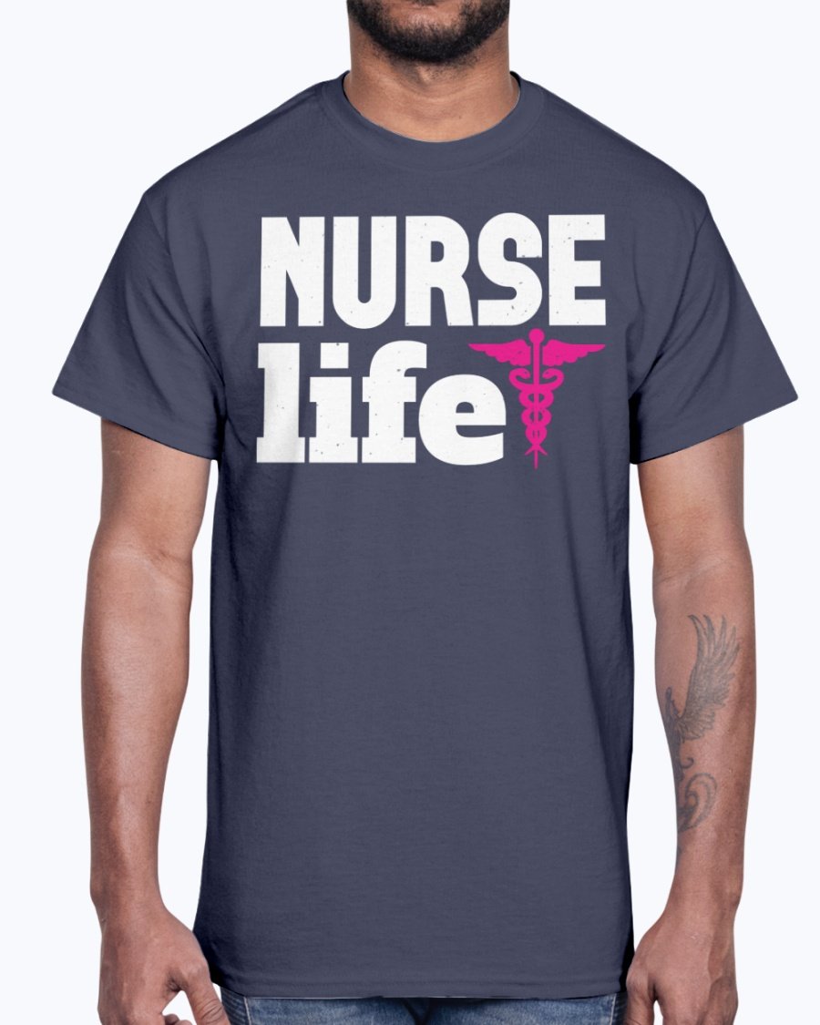 A comfortable unisex cotton tee featuring the phrase 'Nurse Life' designed for nurses, showcasing a classic fit and durable fabric.