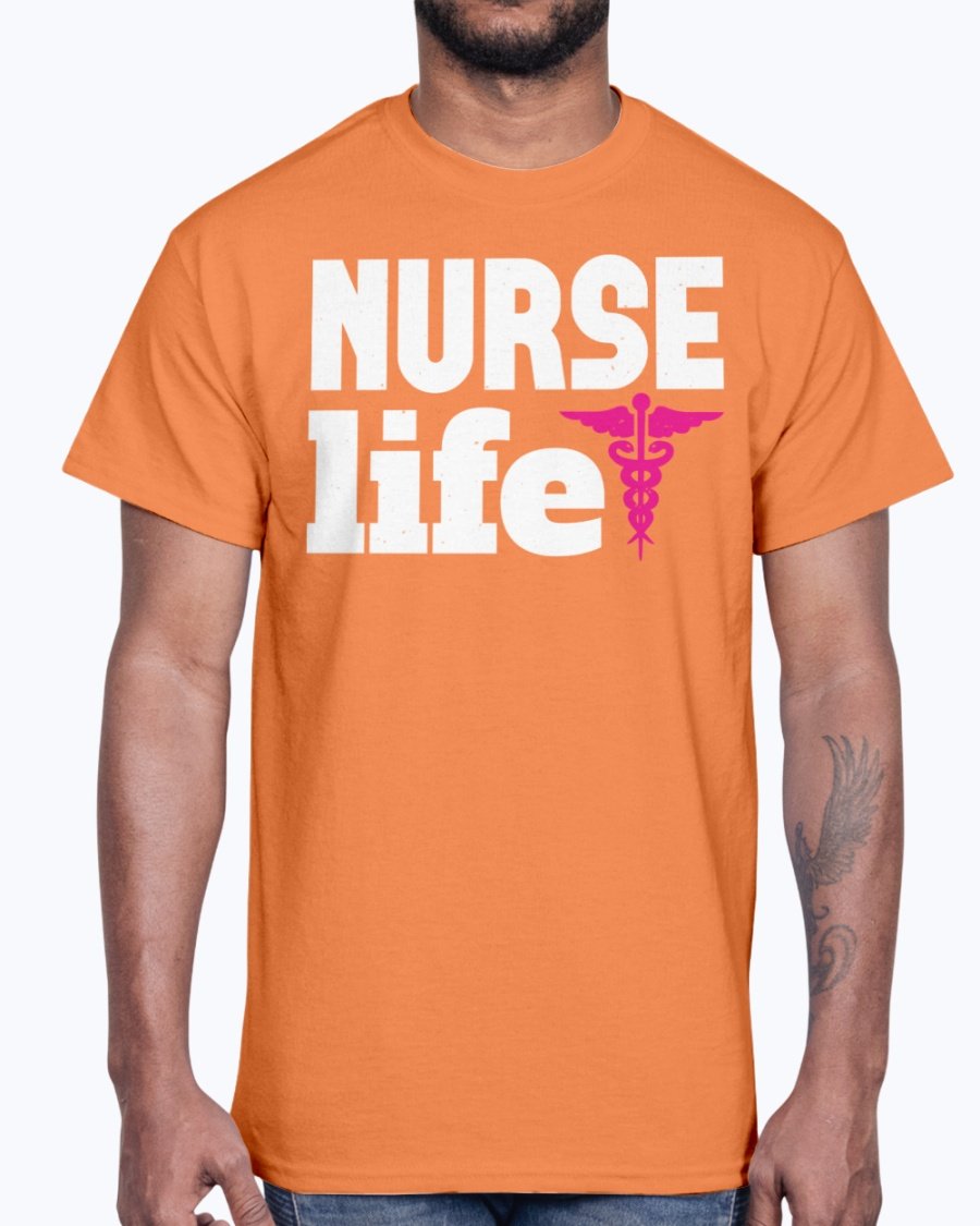 A comfortable unisex cotton tee featuring the phrase 'Nurse Life' designed for nurses, showcasing a classic fit and durable fabric.