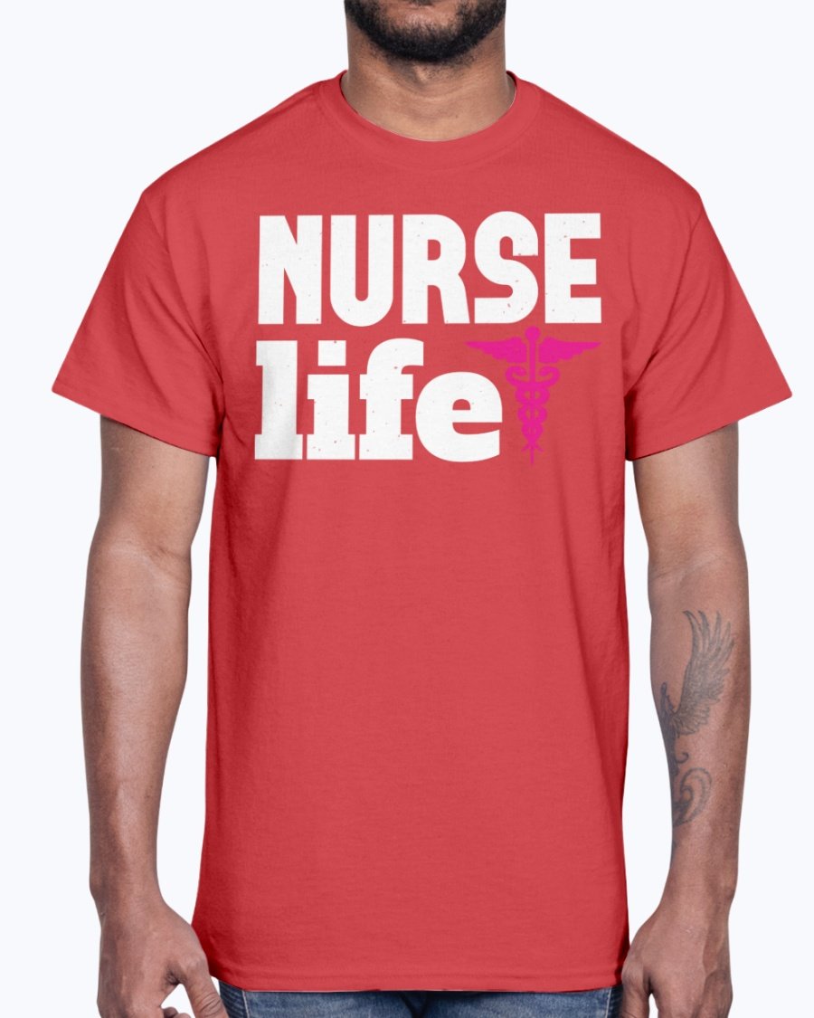 A comfortable unisex cotton tee featuring the phrase 'Nurse Life' designed for nurses, showcasing a classic fit and durable fabric.