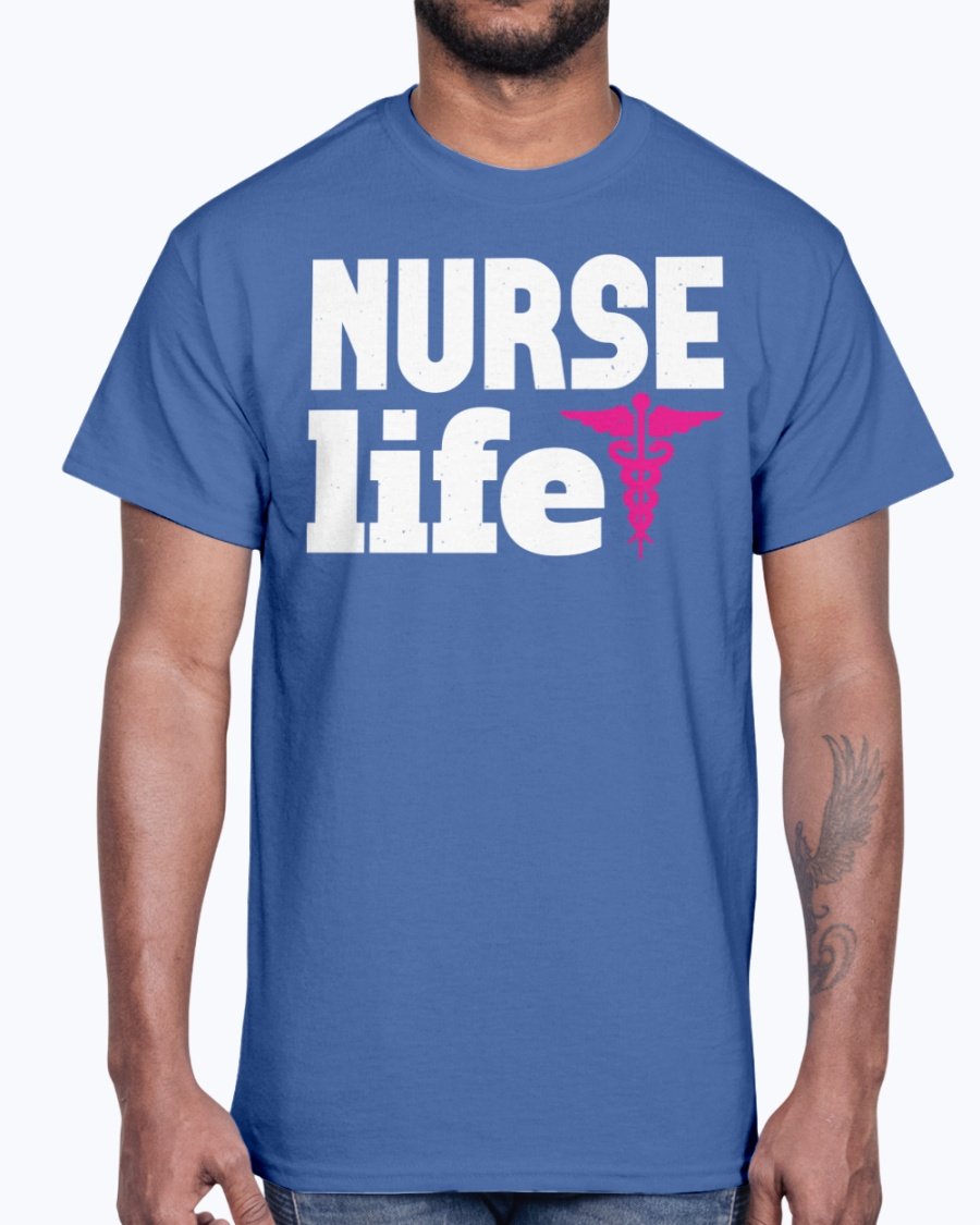 A comfortable unisex cotton tee featuring the phrase 'Nurse Life' designed for nurses, showcasing a classic fit and durable fabric.