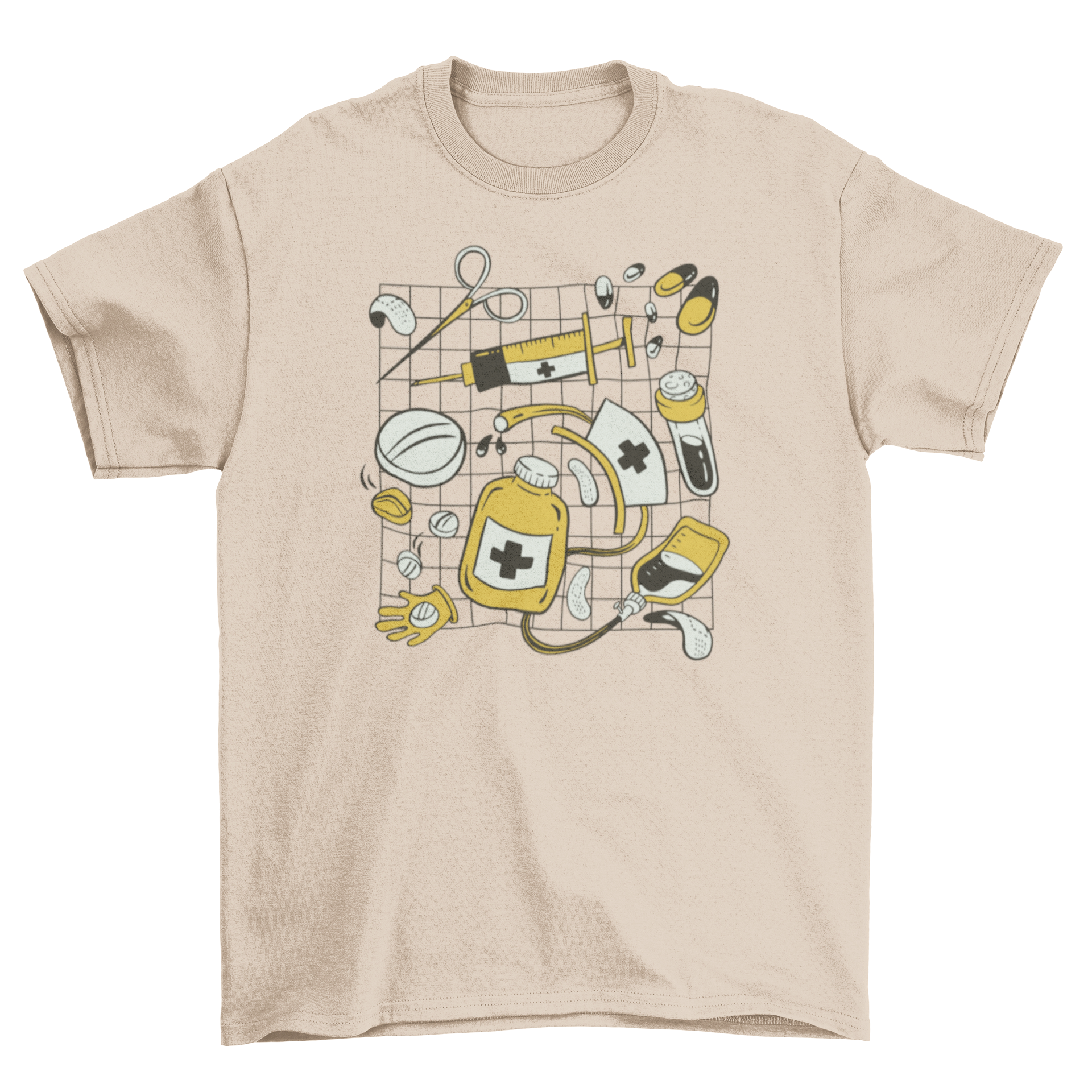 Nurse medical elements t-shirt featuring vibrant designs of pills, syringes, and gloves, perfect for healthcare professionals.