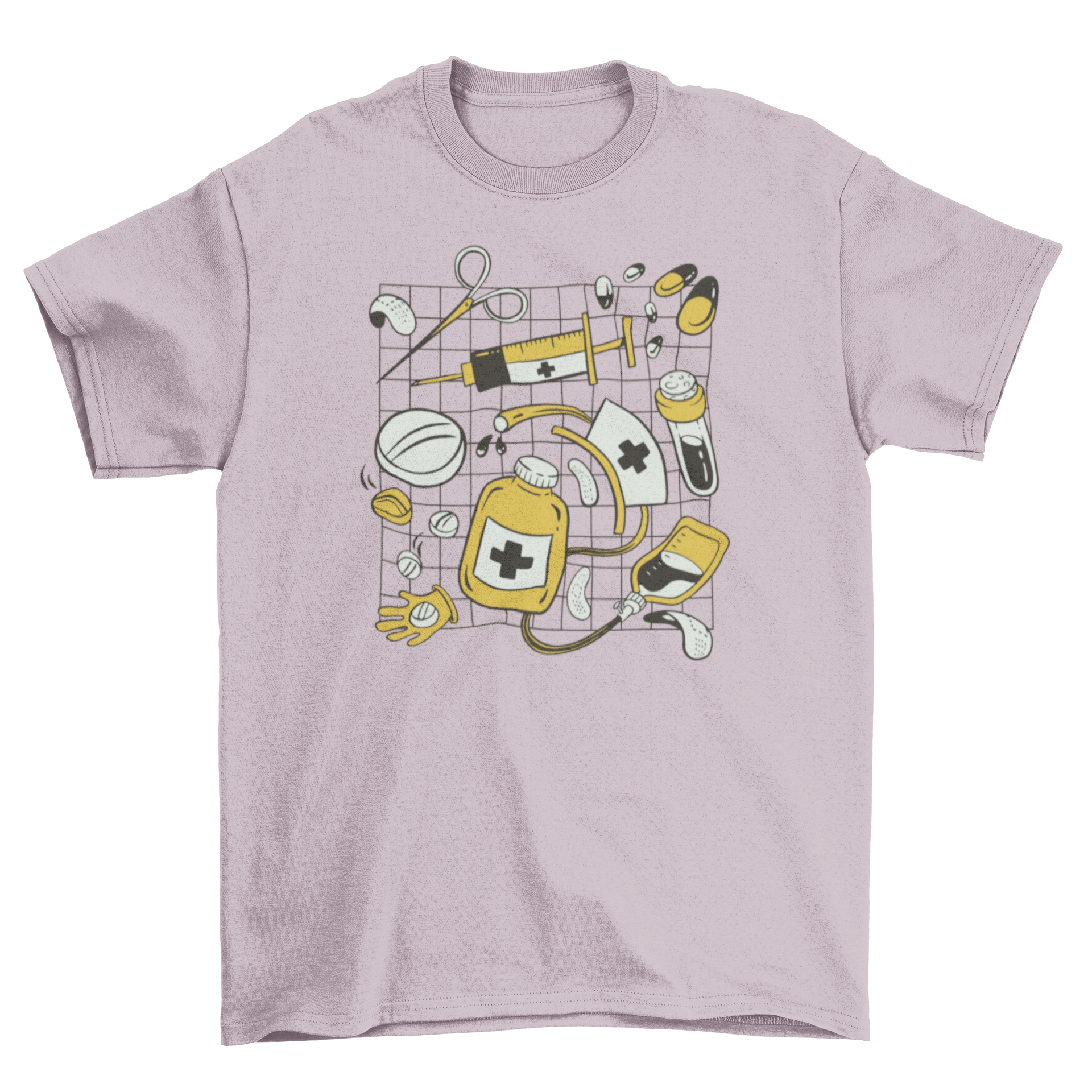 Nurse medical elements t-shirt featuring vibrant designs of pills, syringes, and gloves, perfect for healthcare professionals.