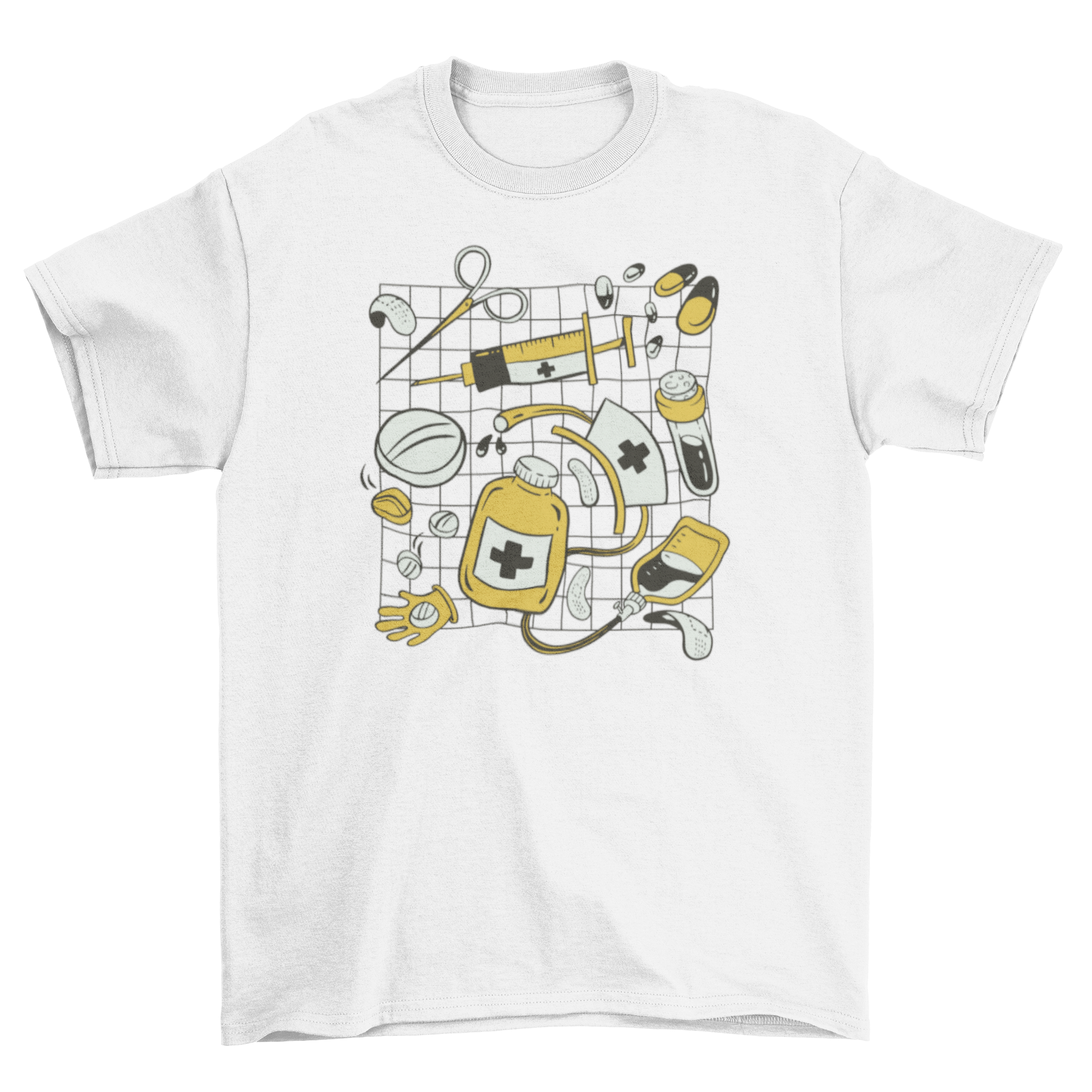 Nurse medical elements t-shirt featuring vibrant designs of pills, syringes, and gloves, perfect for healthcare professionals.