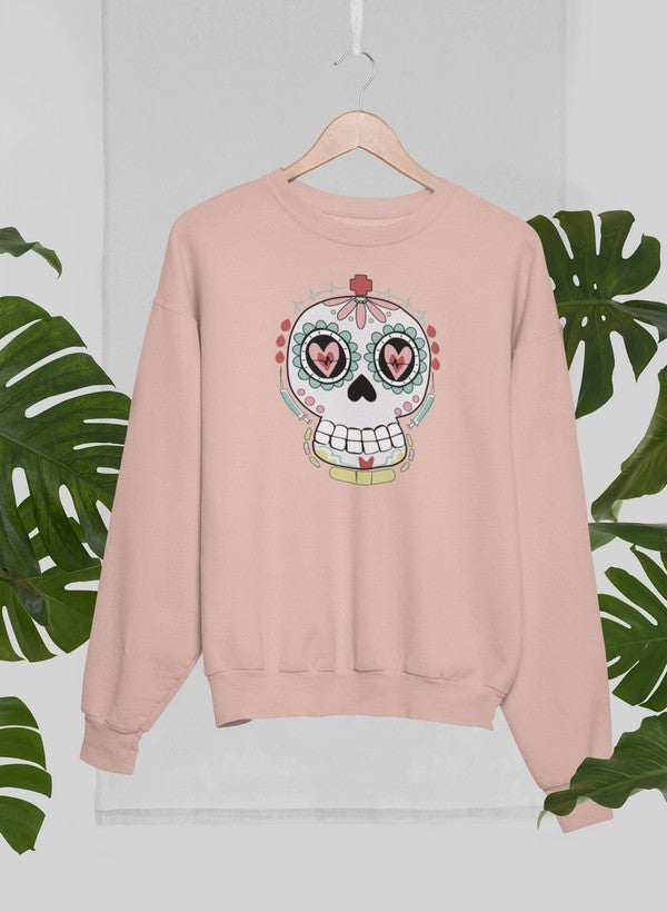 Nurse Sugar Skull Sweat Shirt featuring a vibrant sugar skull design on a cozy fleece material.