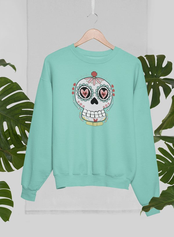 Nurse Sugar Skull Sweat Shirt featuring a vibrant sugar skull design on a cozy fleece material.