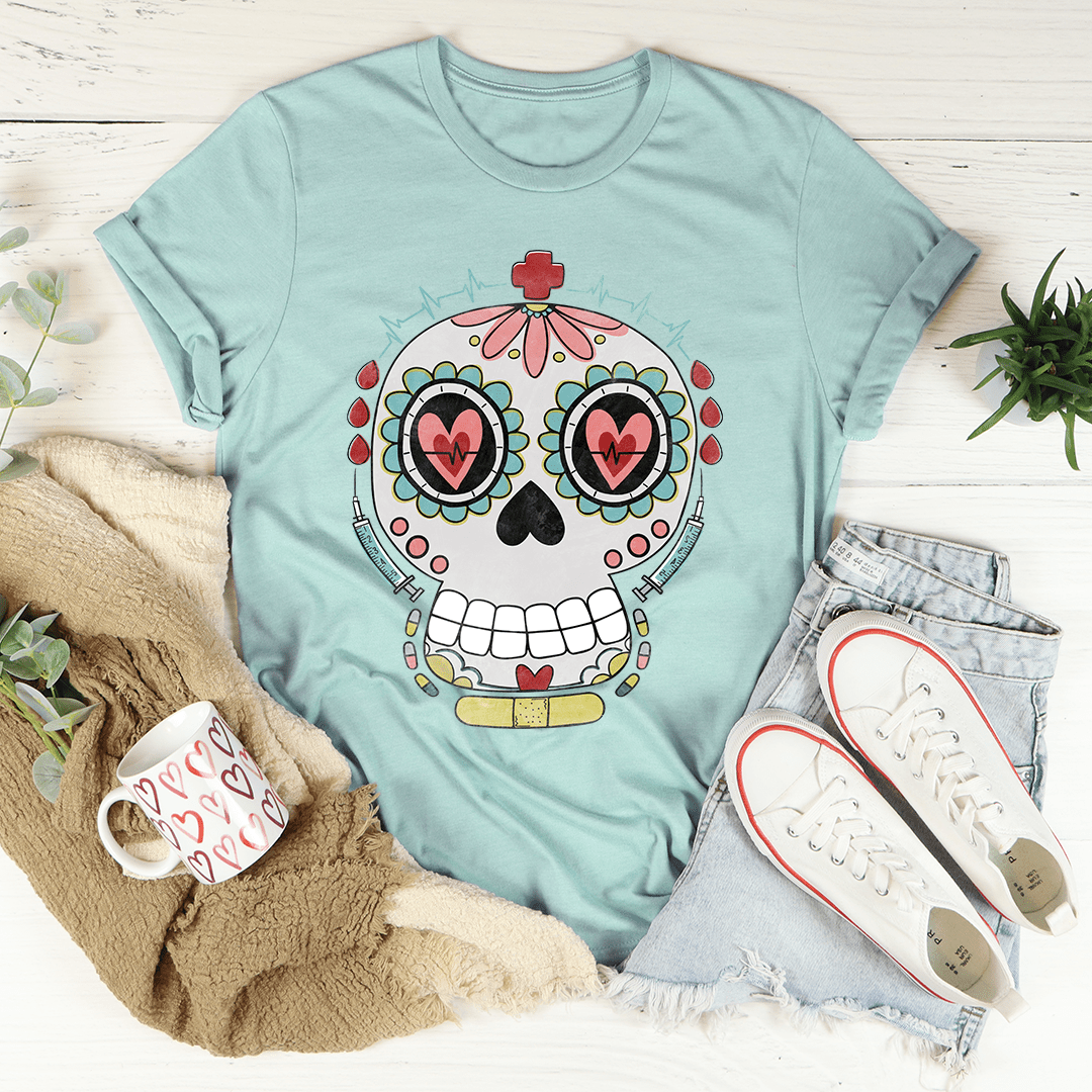 Nurse Sugar Skull T-Shirt featuring vibrant sugar skull design on soft cotton fabric, perfect for nurses.