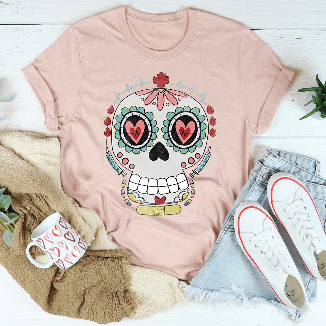 Nurse Sugar Skull T-Shirt featuring vibrant sugar skull design on soft cotton fabric, perfect for nurses.