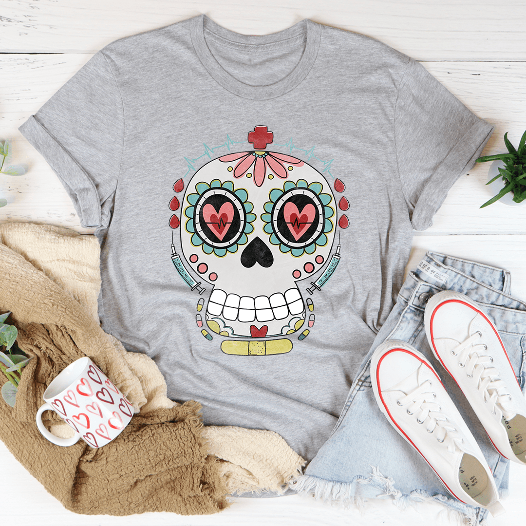 Nurse Sugar Skull T-Shirt featuring vibrant sugar skull design on soft cotton fabric, perfect for nurses.