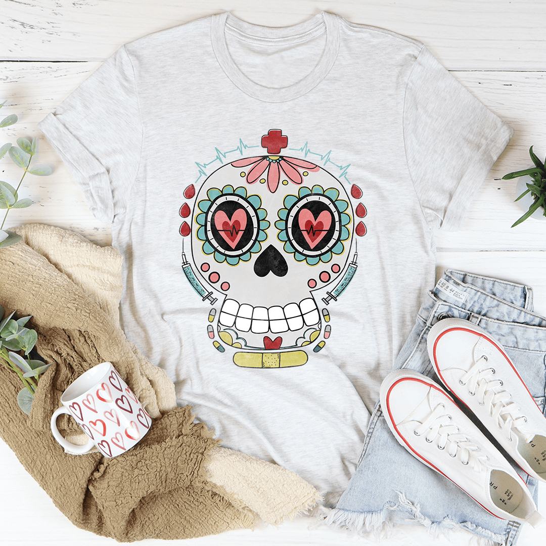 Nurse Sugar Skull T-Shirt featuring vibrant sugar skull design on soft cotton fabric, perfect for nurses.