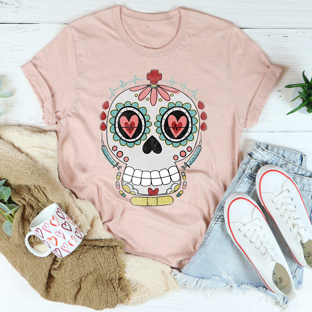 Nurse Sugar Skull T-Shirt featuring vibrant sugar skull design on soft cotton fabric, perfect for nurses and art lovers.