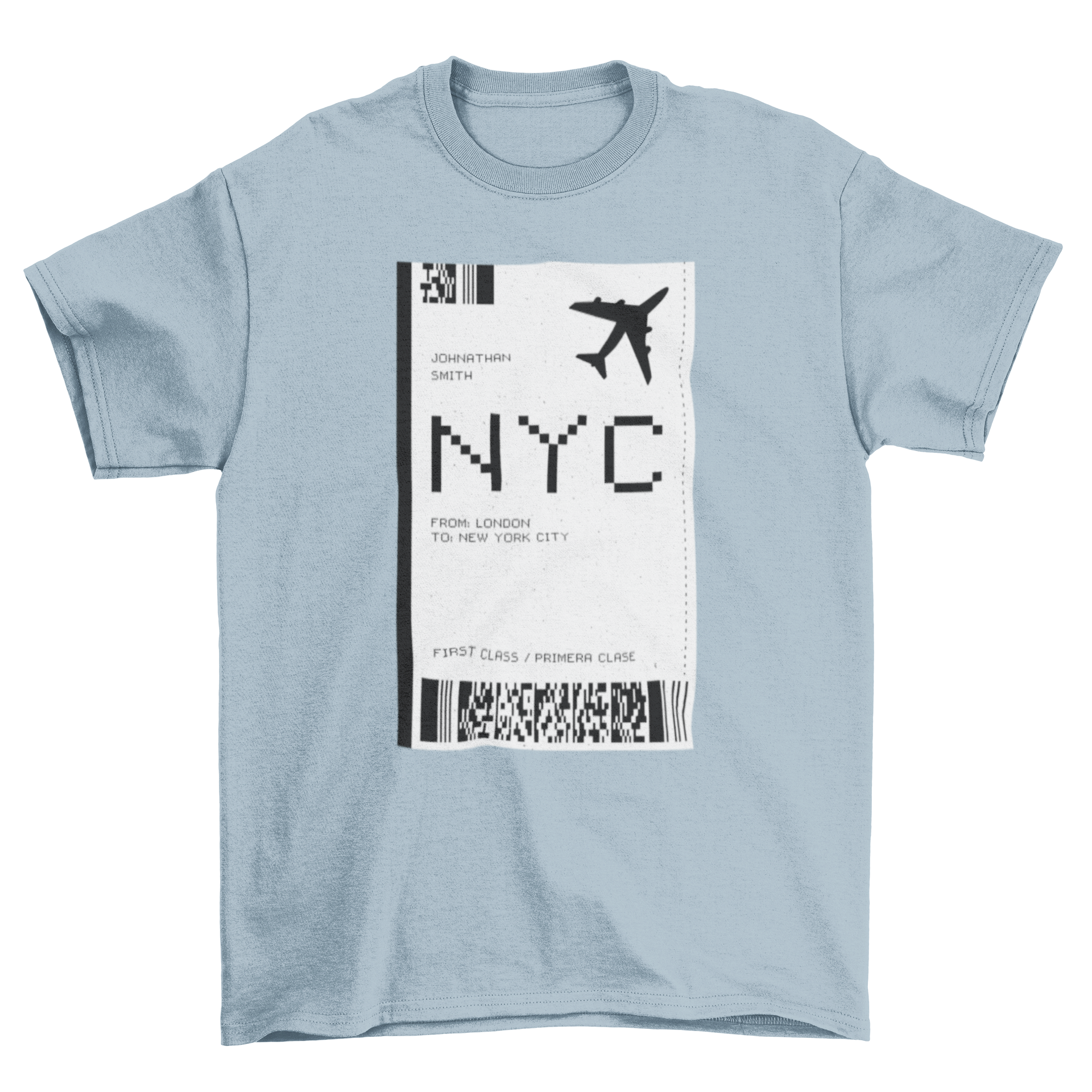 A stylish T-shirt featuring a creative NYC plane ticket design, perfect for travel enthusiasts.