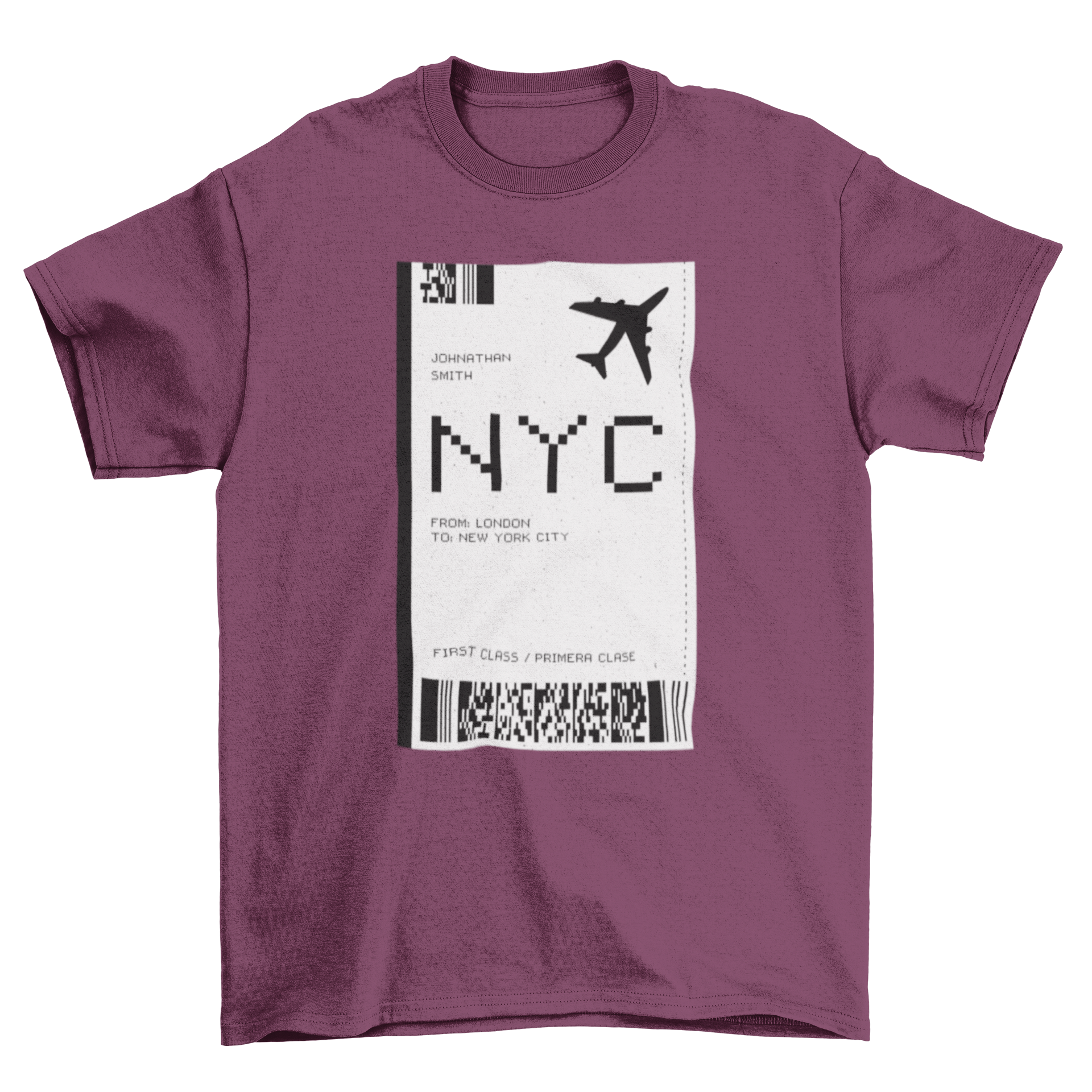 A stylish T-shirt featuring a creative NYC plane ticket design, perfect for travel enthusiasts.