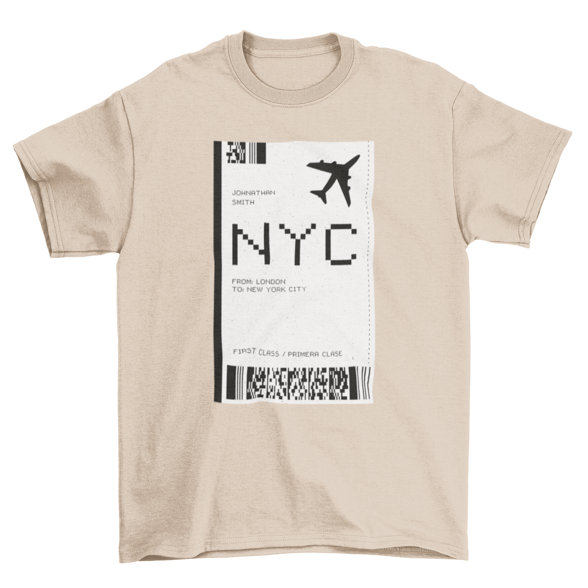 A stylish T-shirt featuring a creative NYC plane ticket design, perfect for travel enthusiasts.