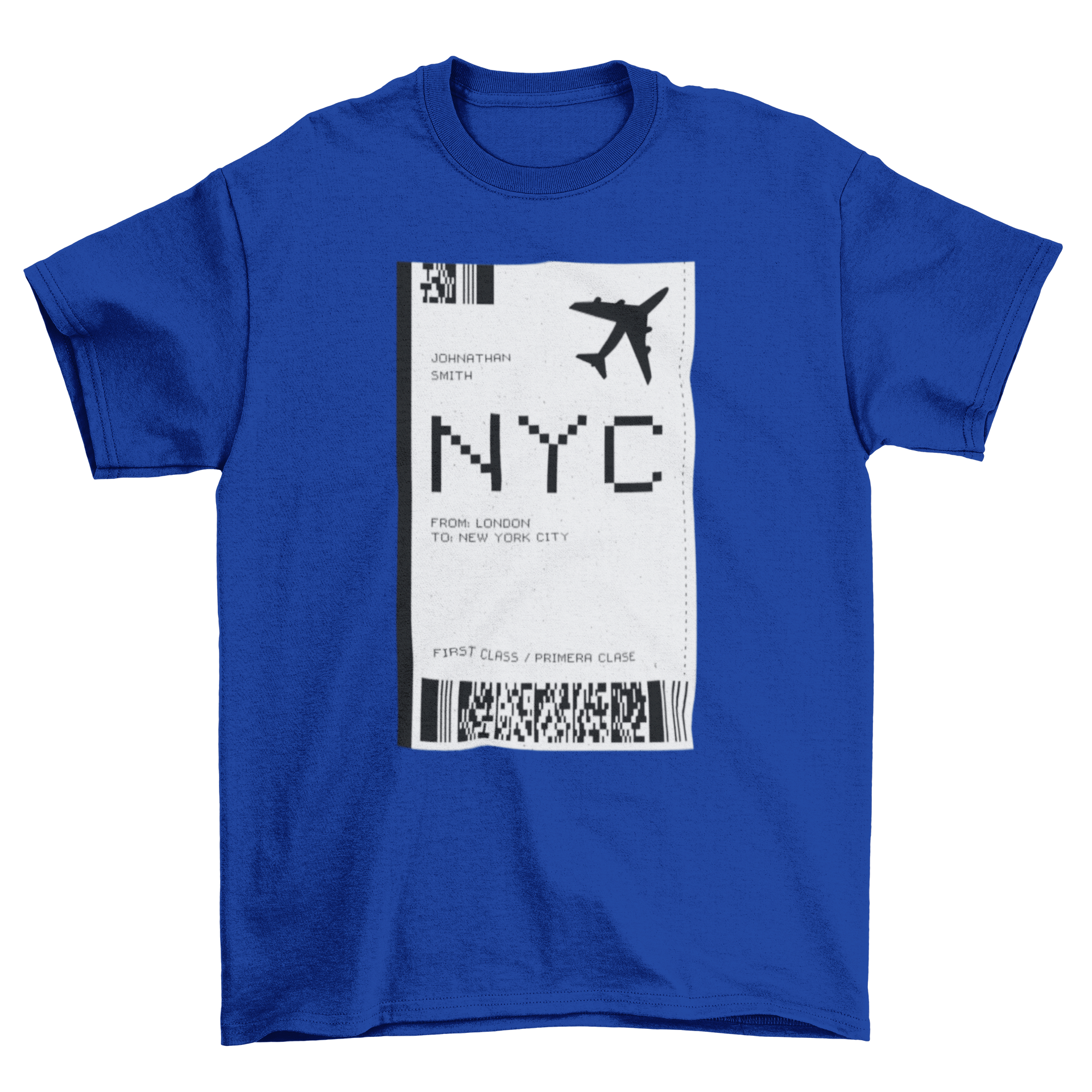 A stylish T-shirt featuring a creative NYC plane ticket design, perfect for travel enthusiasts.