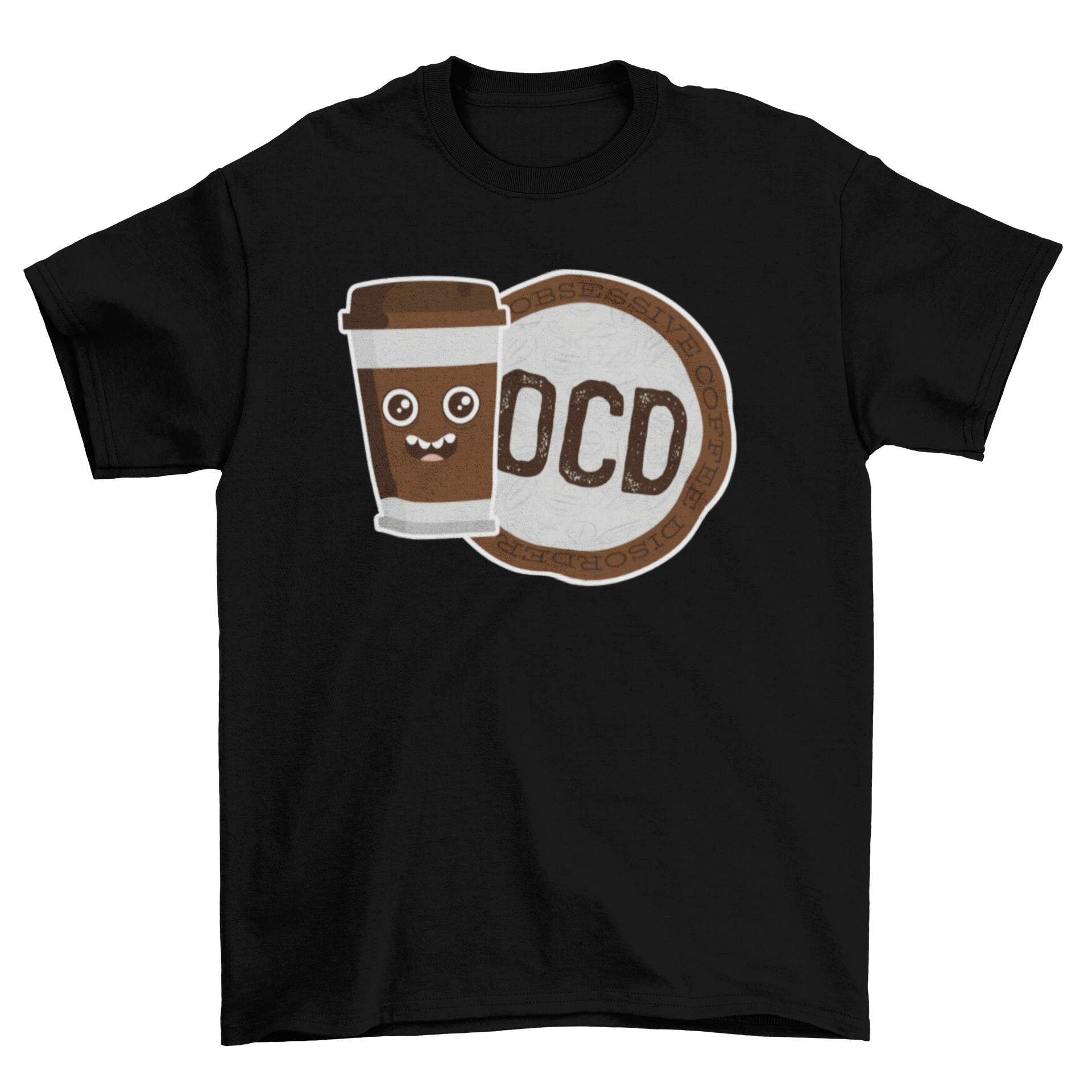 OCD Coffee t-shirt featuring a humorous coffee cup design and badge with 'OCD Obsessive Coffee Disorder' caption.