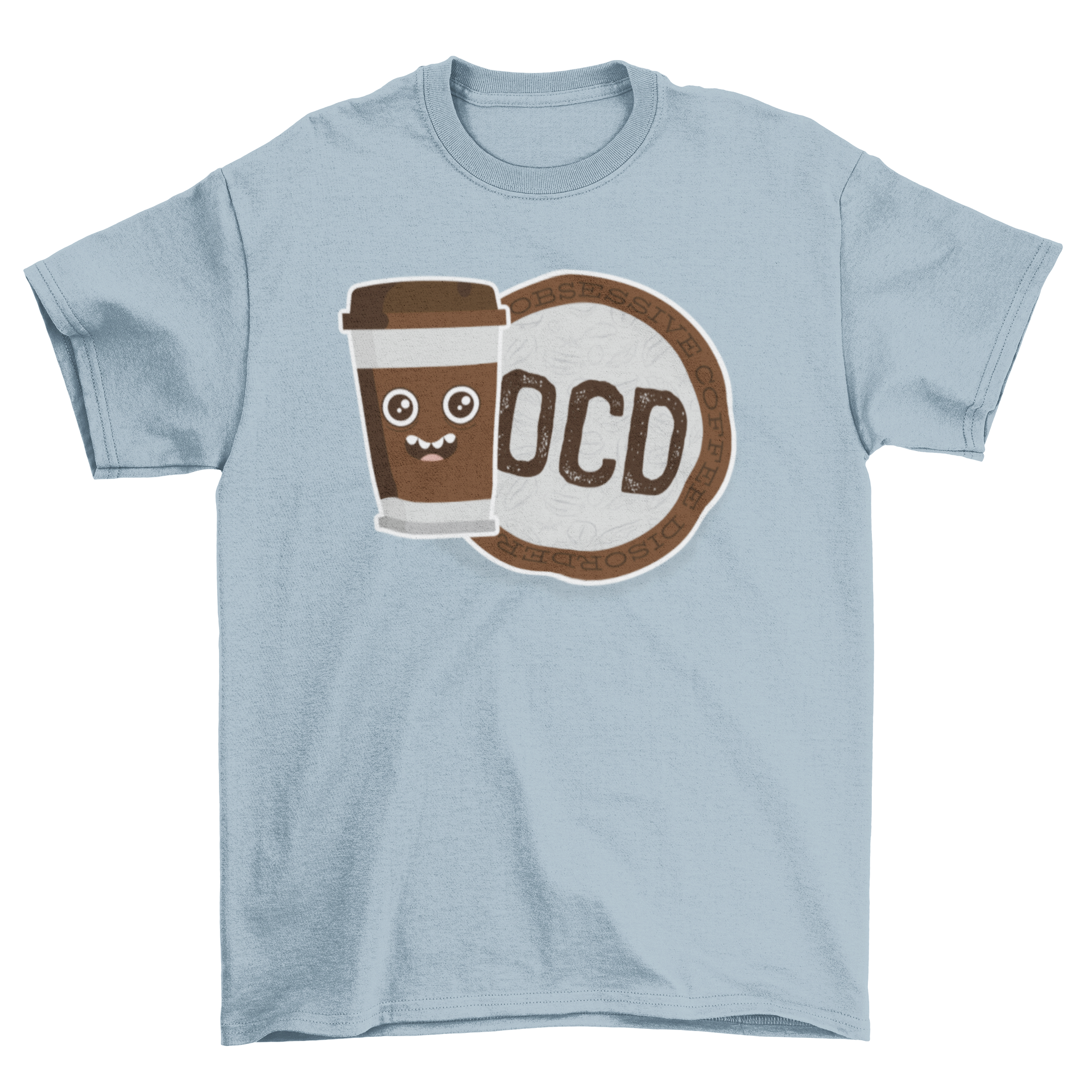 OCD Coffee t-shirt featuring a humorous coffee cup design and badge with 'OCD Obsessive Coffee Disorder' caption.