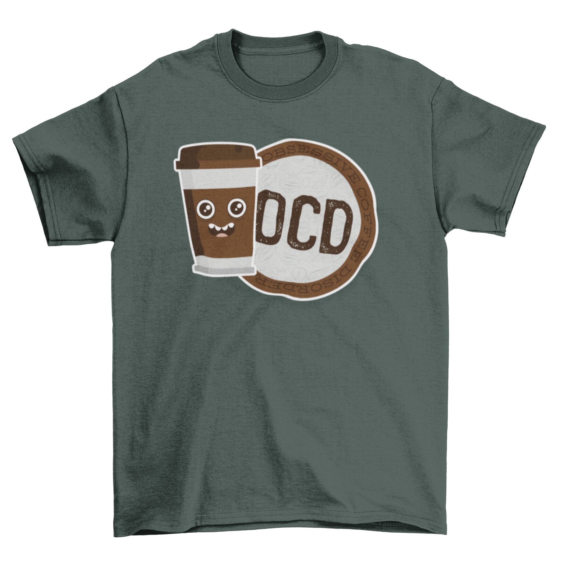 OCD Coffee t-shirt featuring a humorous coffee cup design and badge with 'OCD Obsessive Coffee Disorder' caption.