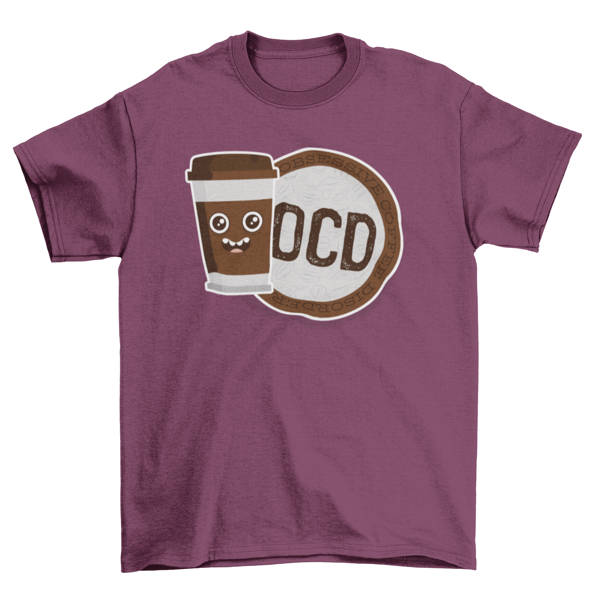 OCD Coffee t-shirt featuring a humorous coffee cup design and badge with 'OCD Obsessive Coffee Disorder' caption.