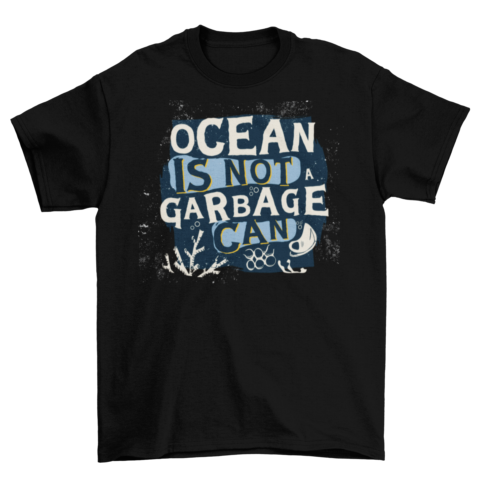 Ocean preservation t-shirt featuring the quote 'Ocean is not a garbage can' in bold lettering.