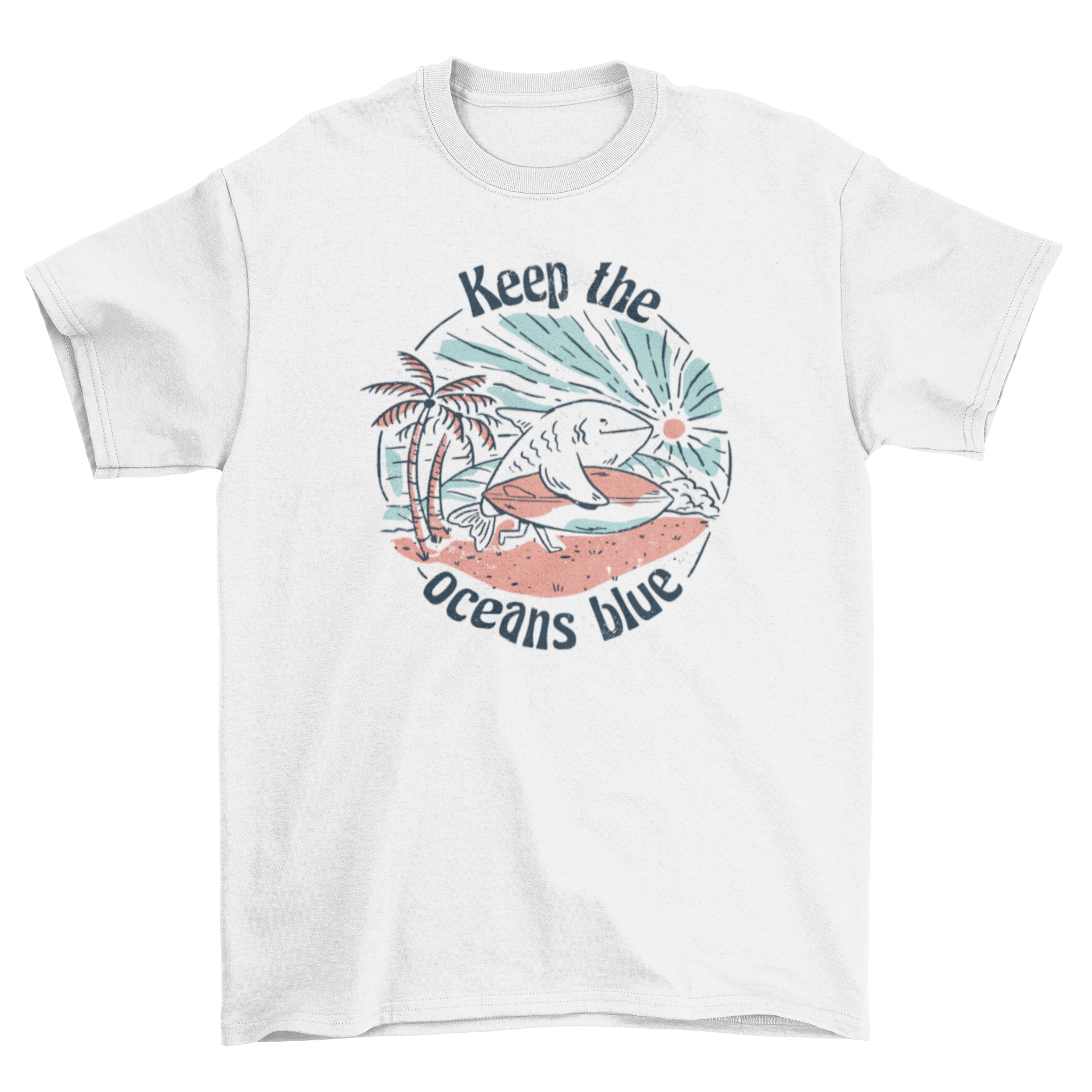 Ocean preservation surfing shark t-shirt featuring a shark on a surfboard with the quote 'Keep the oceans blue'.