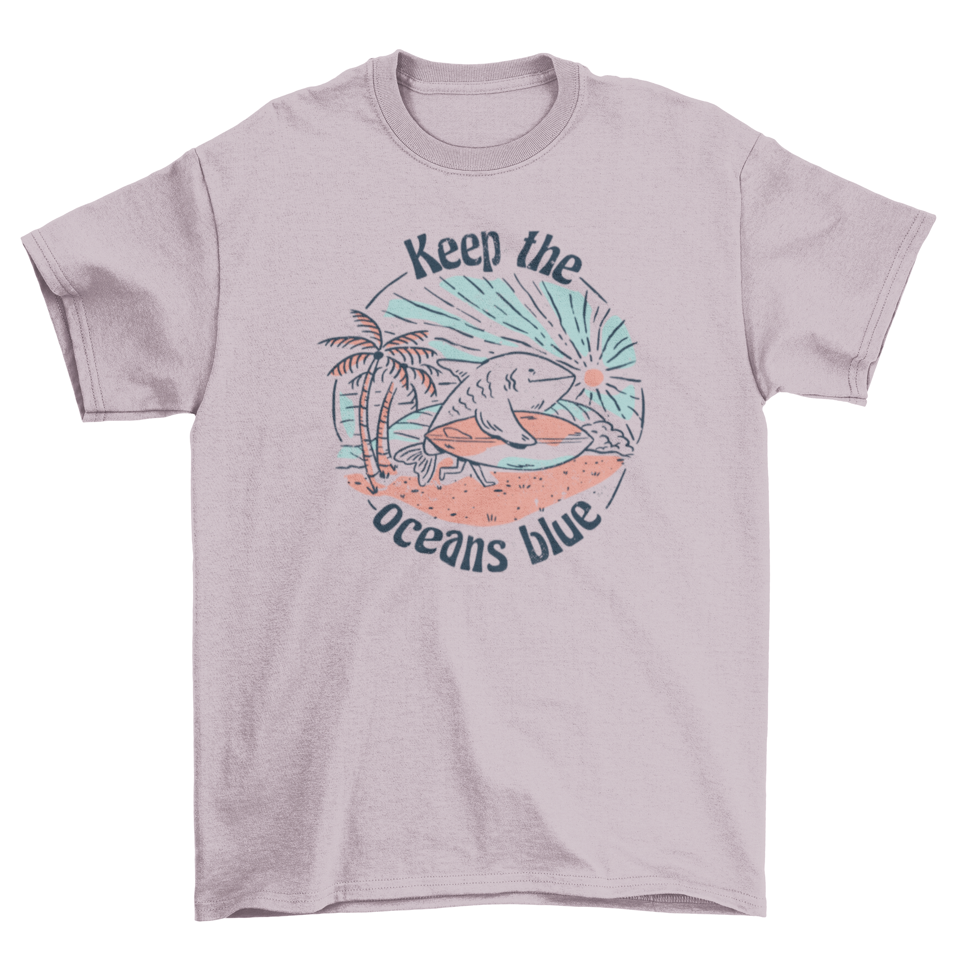 Ocean preservation surfing shark t-shirt featuring a shark on a surfboard with the quote 'Keep the oceans blue'.