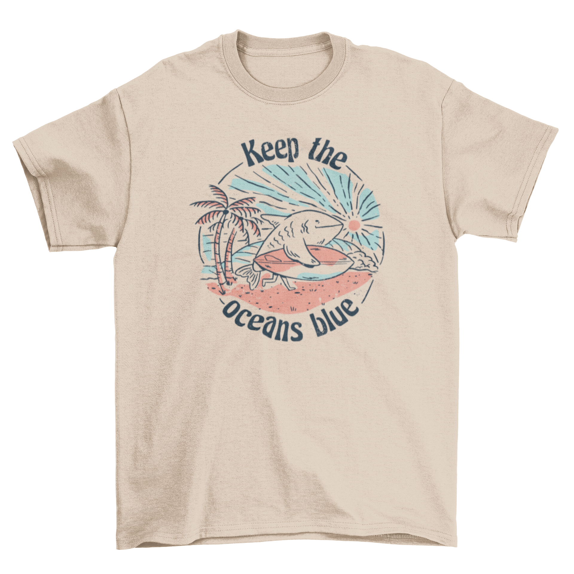 Ocean preservation surfing shark t-shirt featuring a shark on a surfboard with the quote 'Keep the oceans blue'.