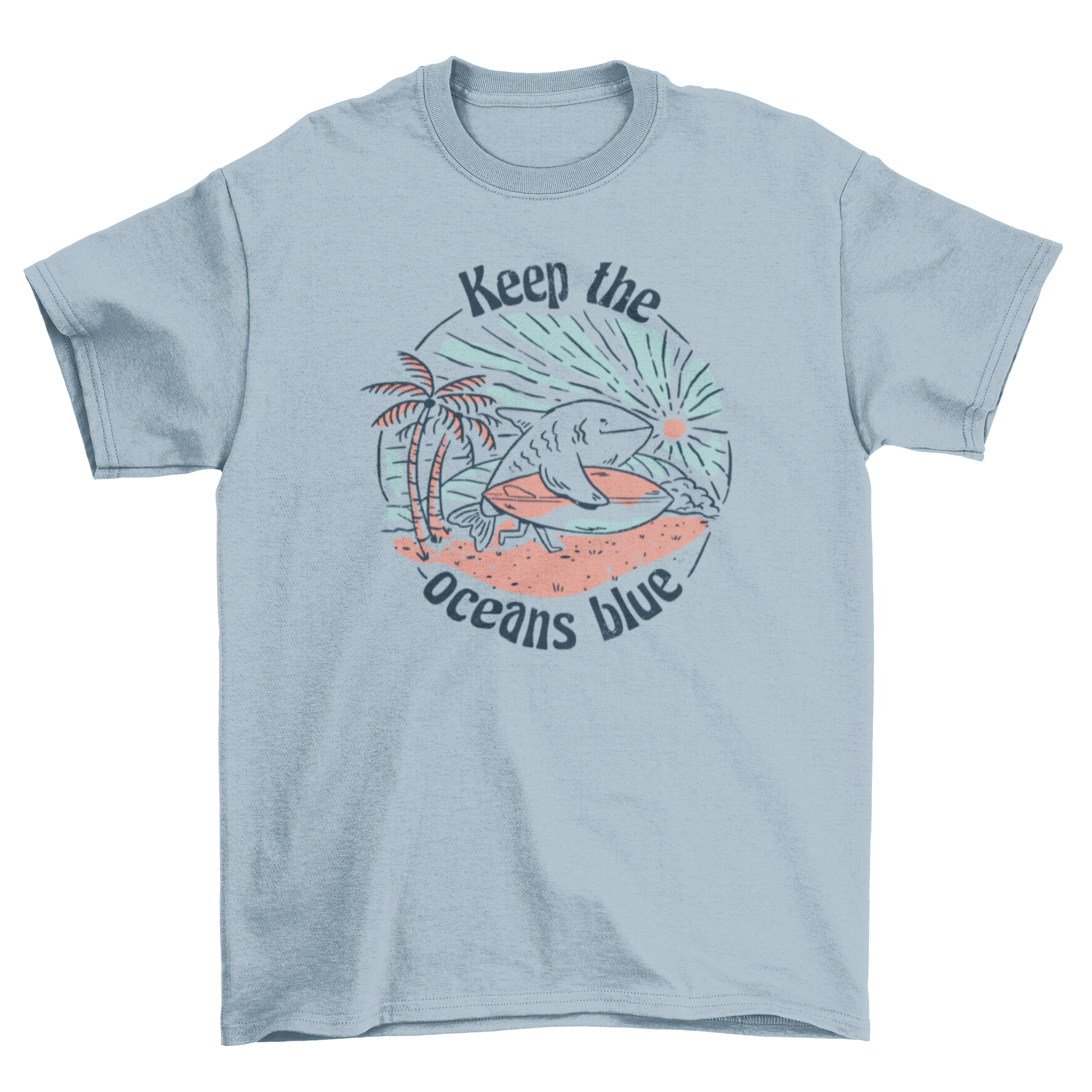 Ocean preservation surfing shark t-shirt featuring a shark on a surfboard with the quote 'Keep the oceans blue'.