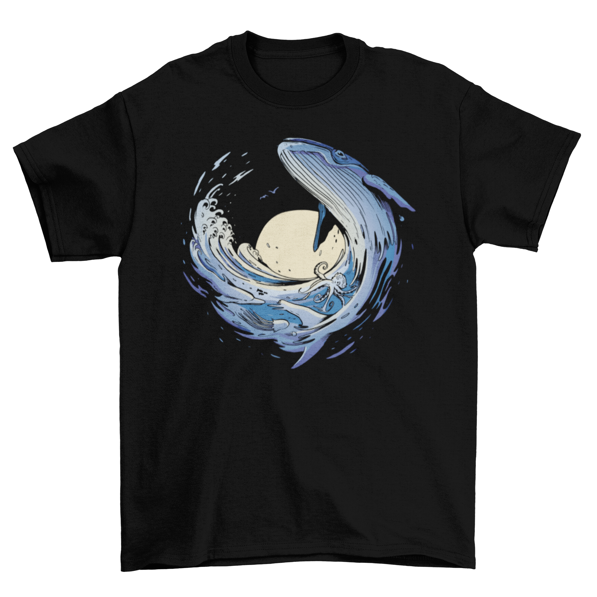 Ocean wave t-shirt featuring a whale, octopus, jellyfish, and dolphin in vibrant colors.