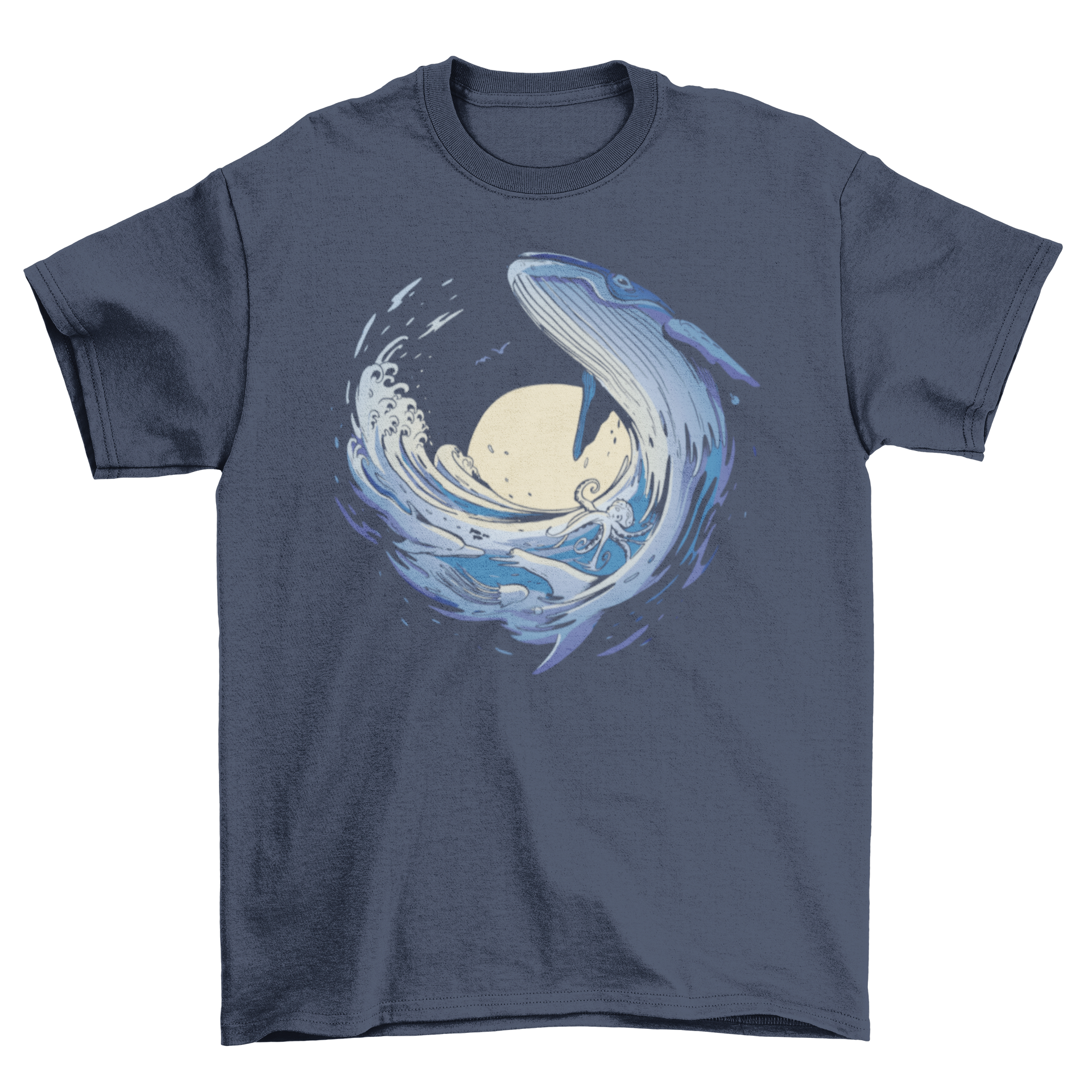 Ocean wave t-shirt featuring a whale, octopus, jellyfish, and dolphin in vibrant colors.