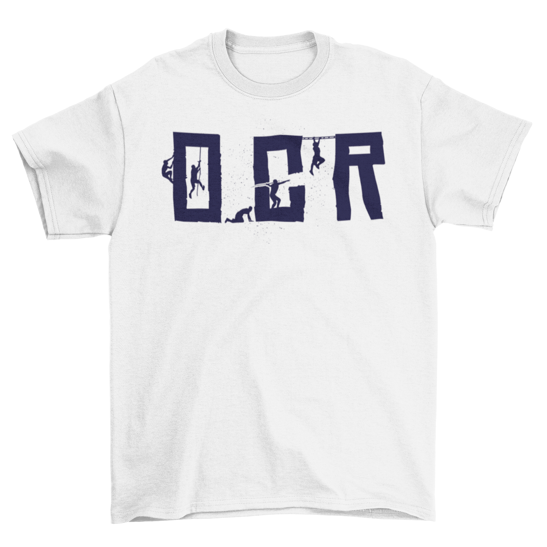 OCR Obstacle Race T-shirt featuring OCR letters and obstacle silhouettes, perfect for athletes.