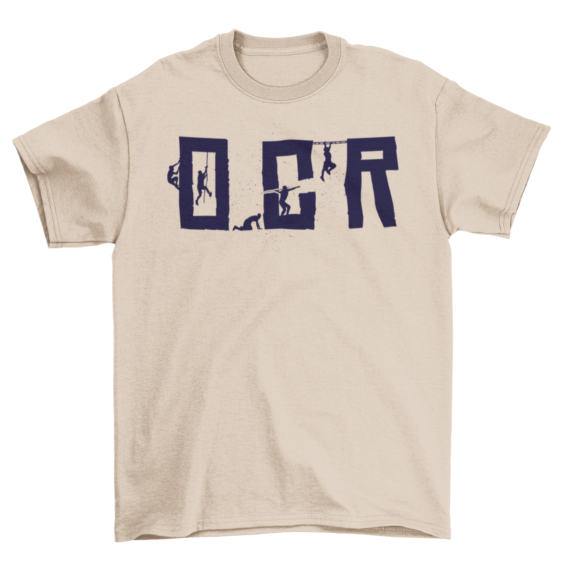 OCR Obstacle Race T-shirt featuring OCR letters and obstacle silhouettes, perfect for athletes.