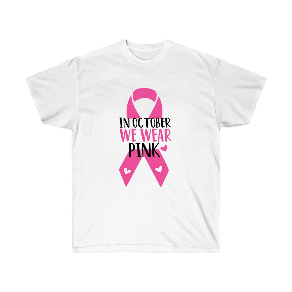 October We Wear Pink with Ribbon T-Shirt made from 100% soft cotton, featuring a pink ribbon design for Breast Cancer Awareness.