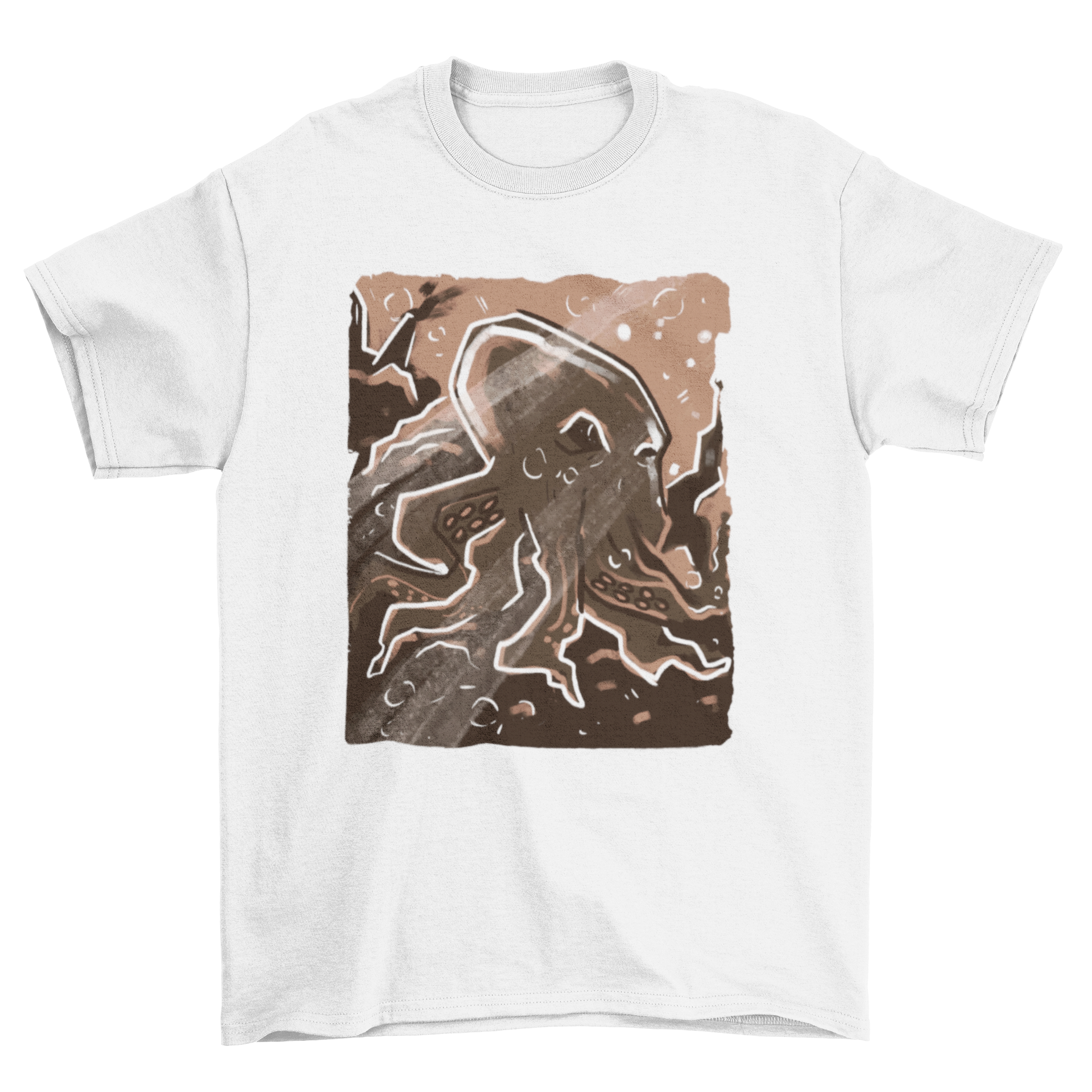 Artistic t-shirt design featuring a colorful octopus in a vibrant coral reef, showcasing marine life beauty.