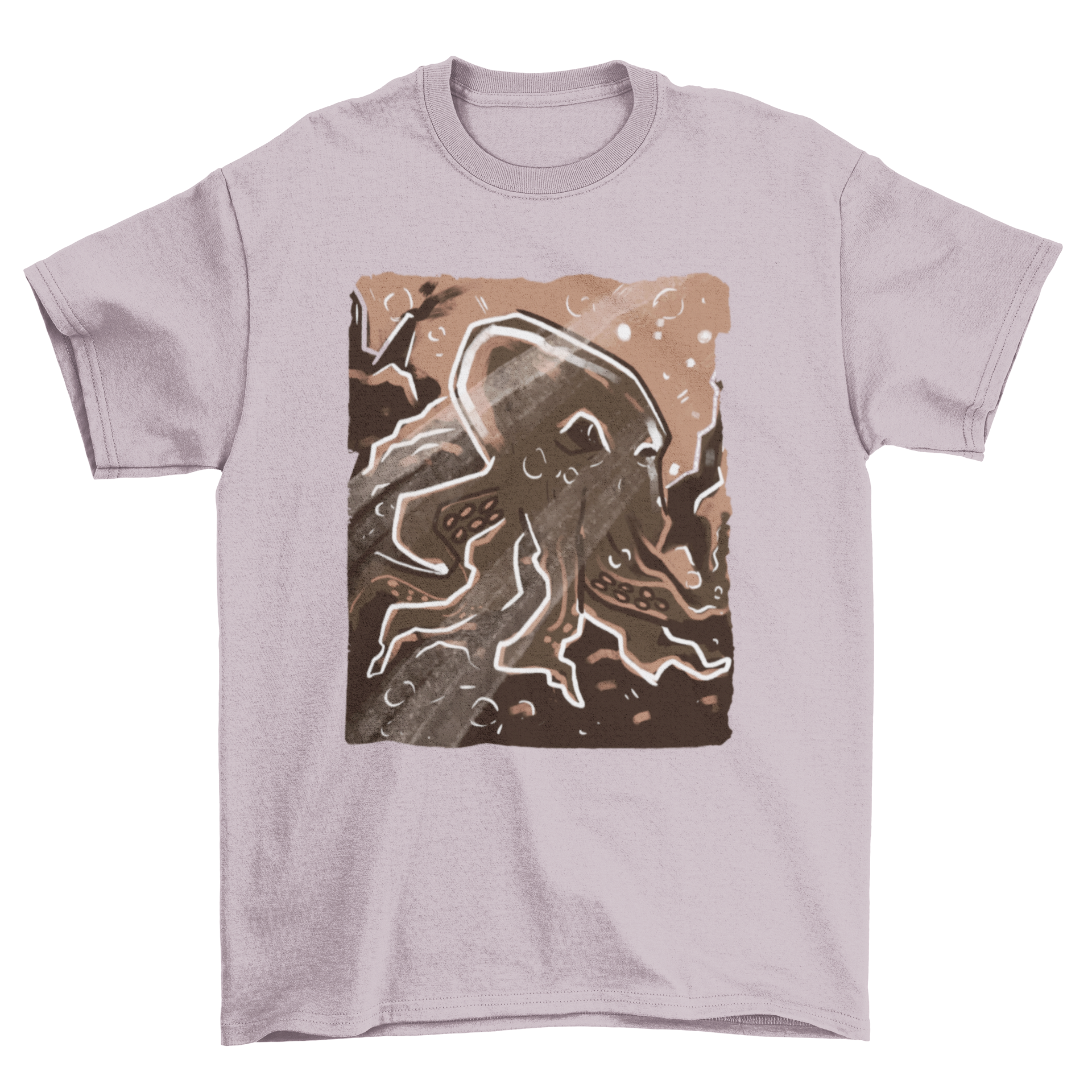 Artistic t-shirt design featuring a colorful octopus in a vibrant coral reef, showcasing marine life beauty.