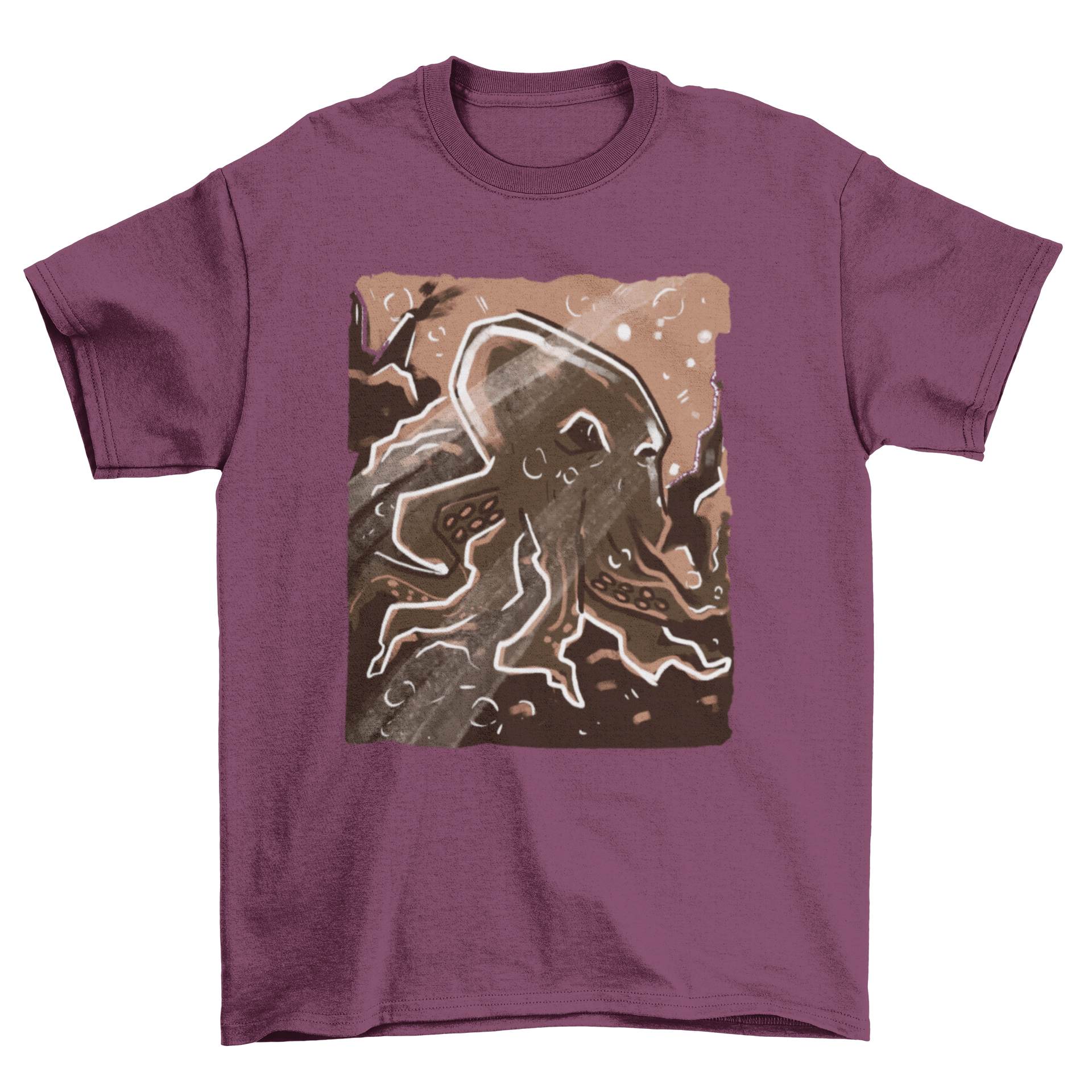 Artistic t-shirt design featuring a colorful octopus in a vibrant coral reef, showcasing marine life beauty.