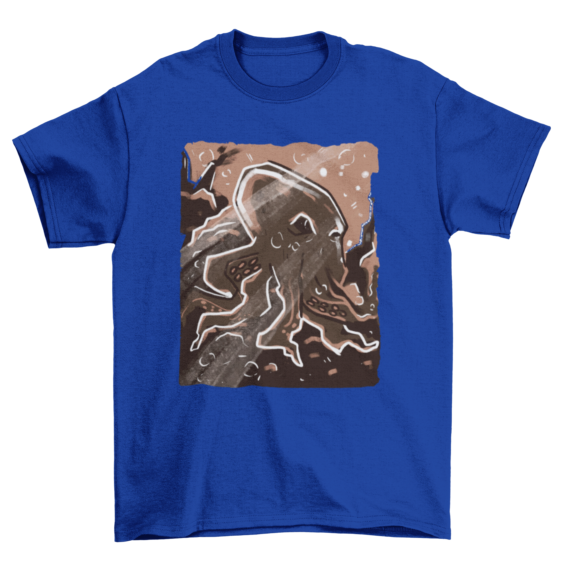 Artistic t-shirt design featuring a colorful octopus in a vibrant coral reef, showcasing marine life beauty.