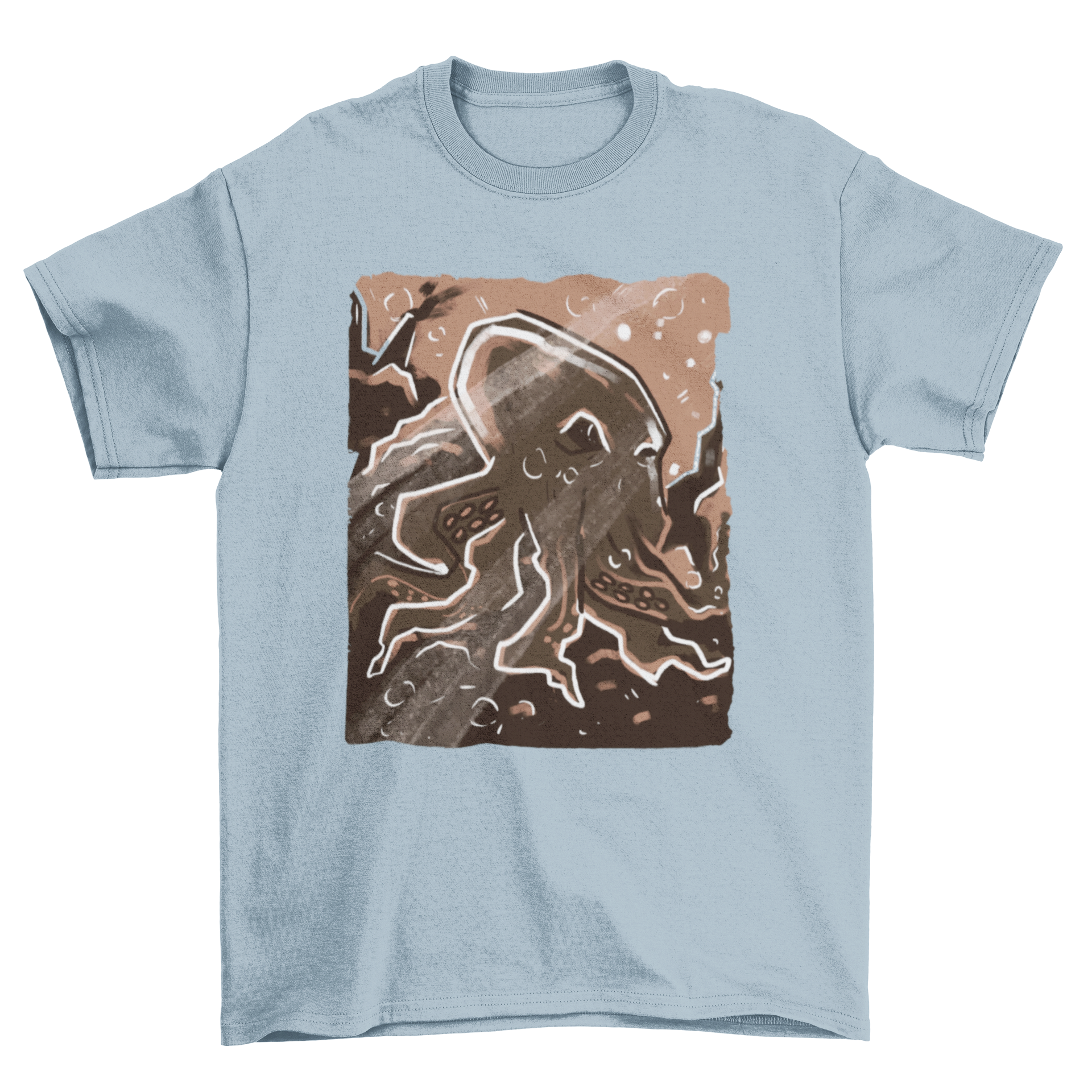 Artistic t-shirt design featuring a colorful octopus in a vibrant coral reef, showcasing marine life beauty.