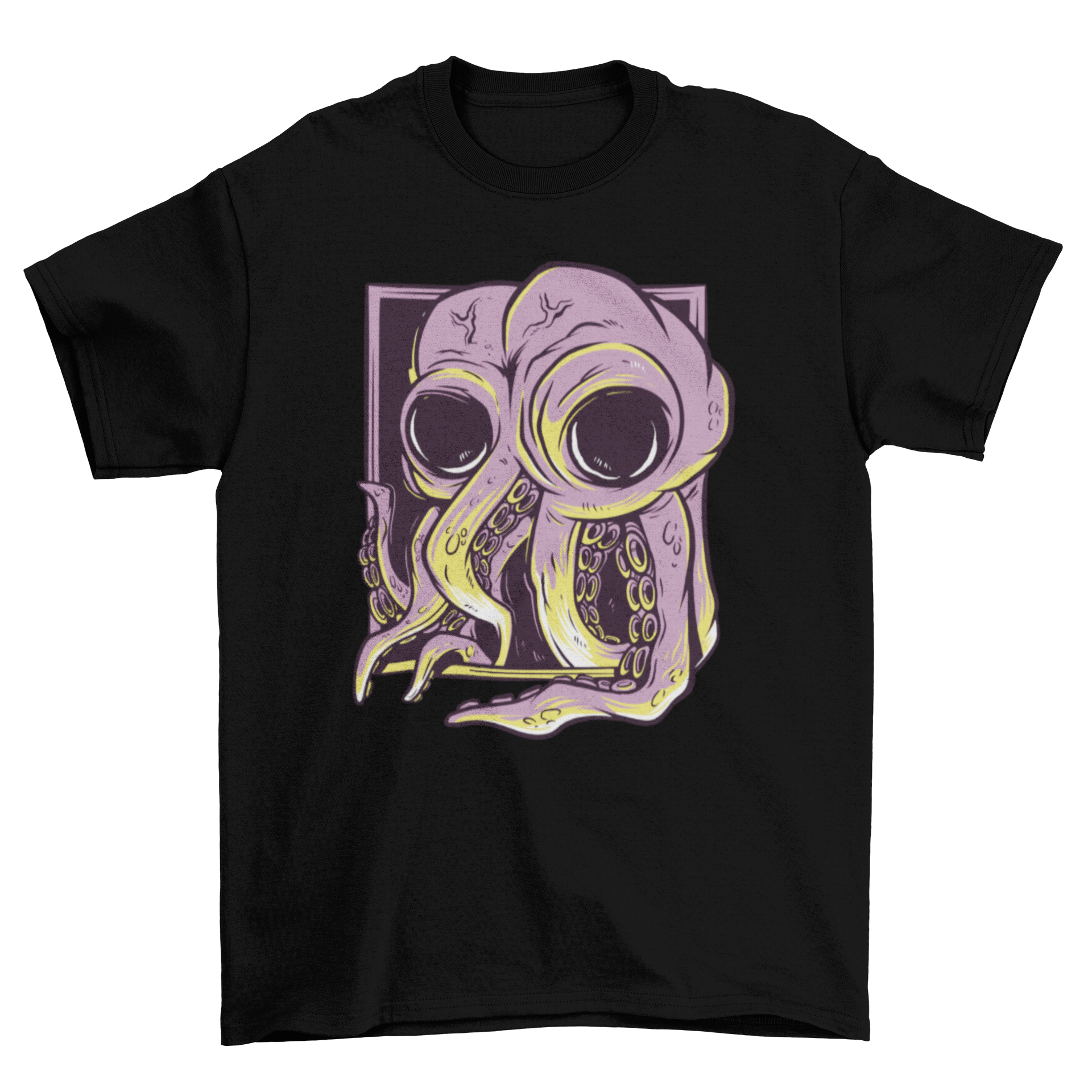 A stylish t-shirt featuring a vibrant octopus design emerging from a frame, perfect for casual wear.