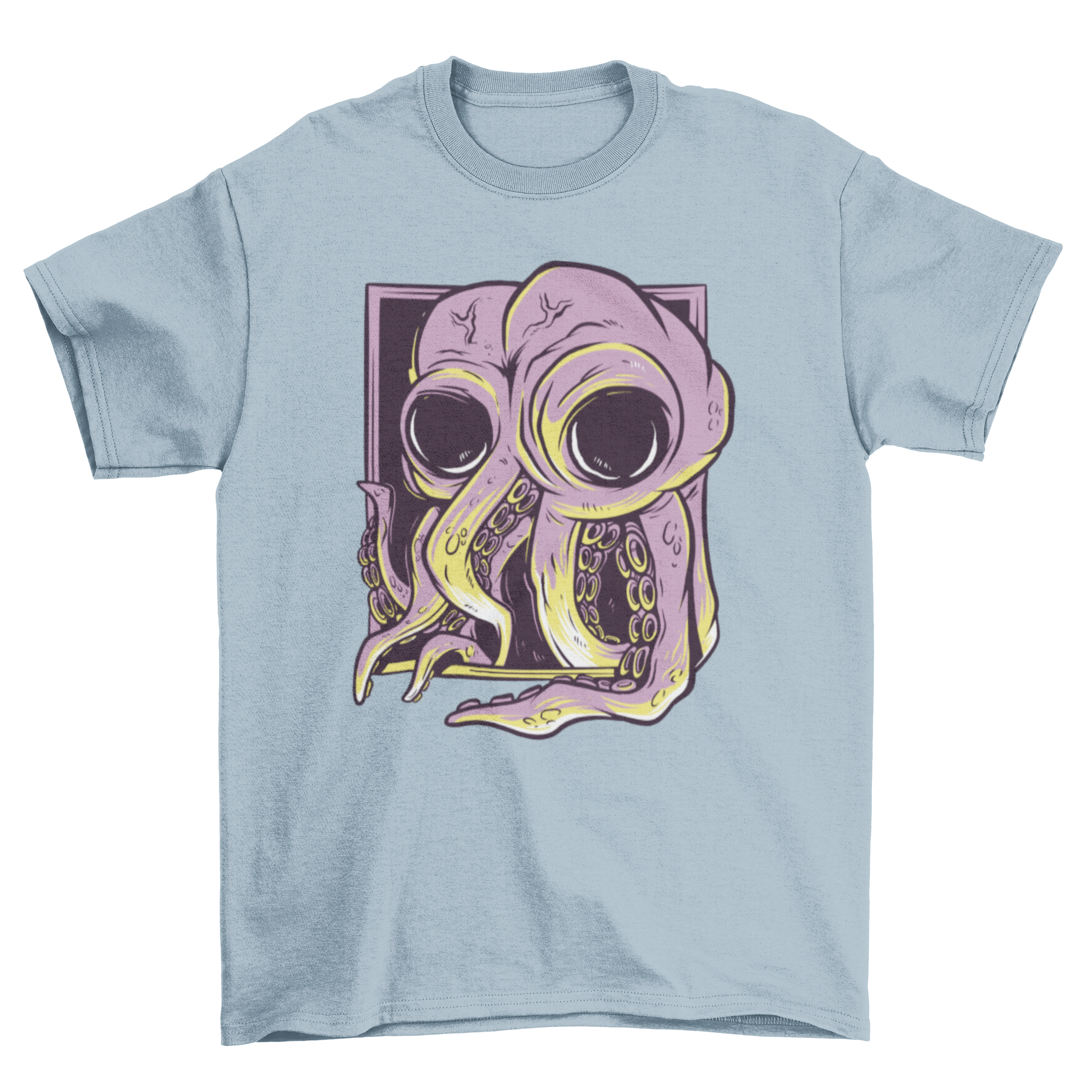 A stylish t-shirt featuring a vibrant octopus design emerging from a frame, perfect for casual wear.