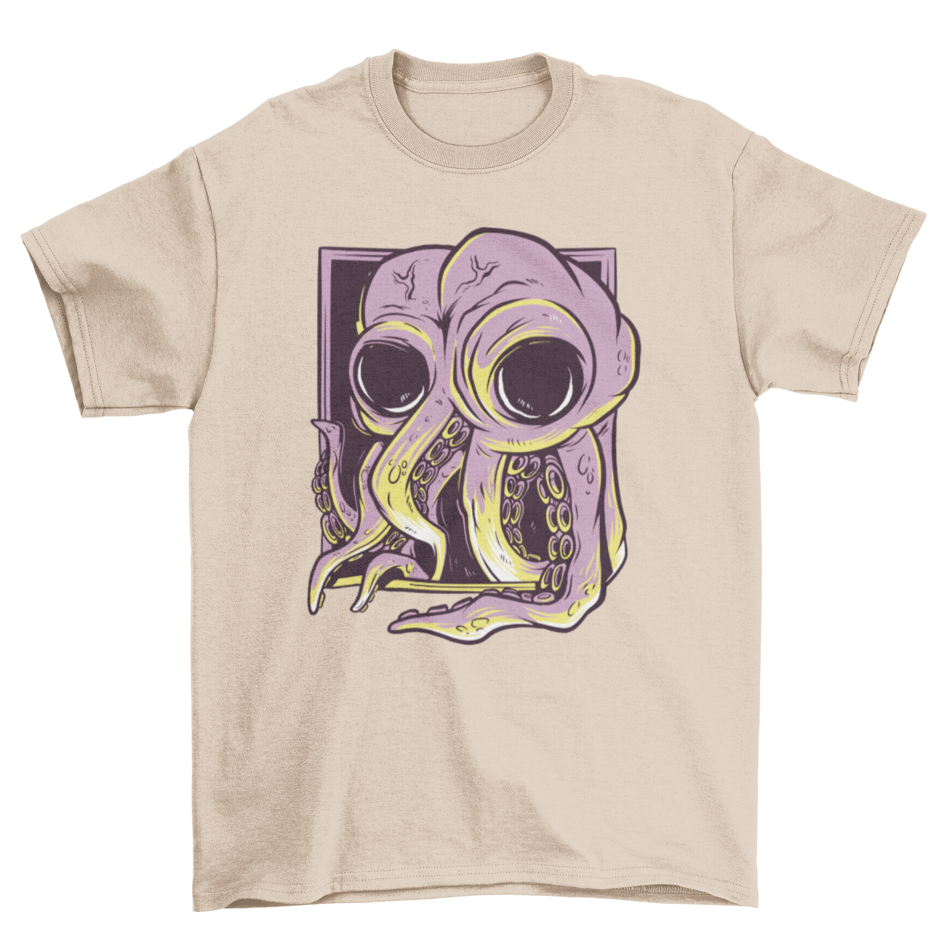 A stylish t-shirt featuring a vibrant octopus design emerging from a frame, perfect for casual wear.