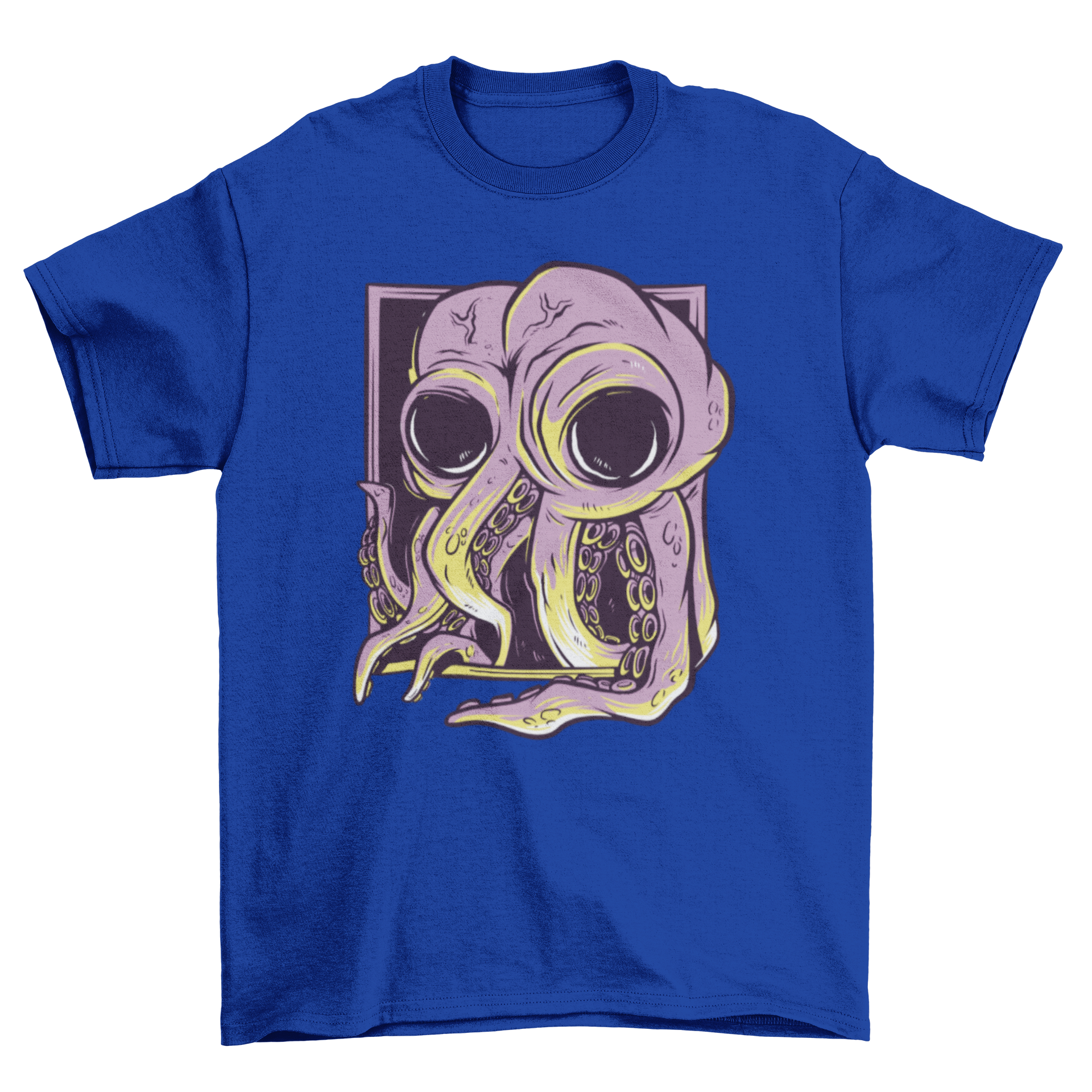 A stylish t-shirt featuring a vibrant octopus design emerging from a frame, perfect for casual wear.