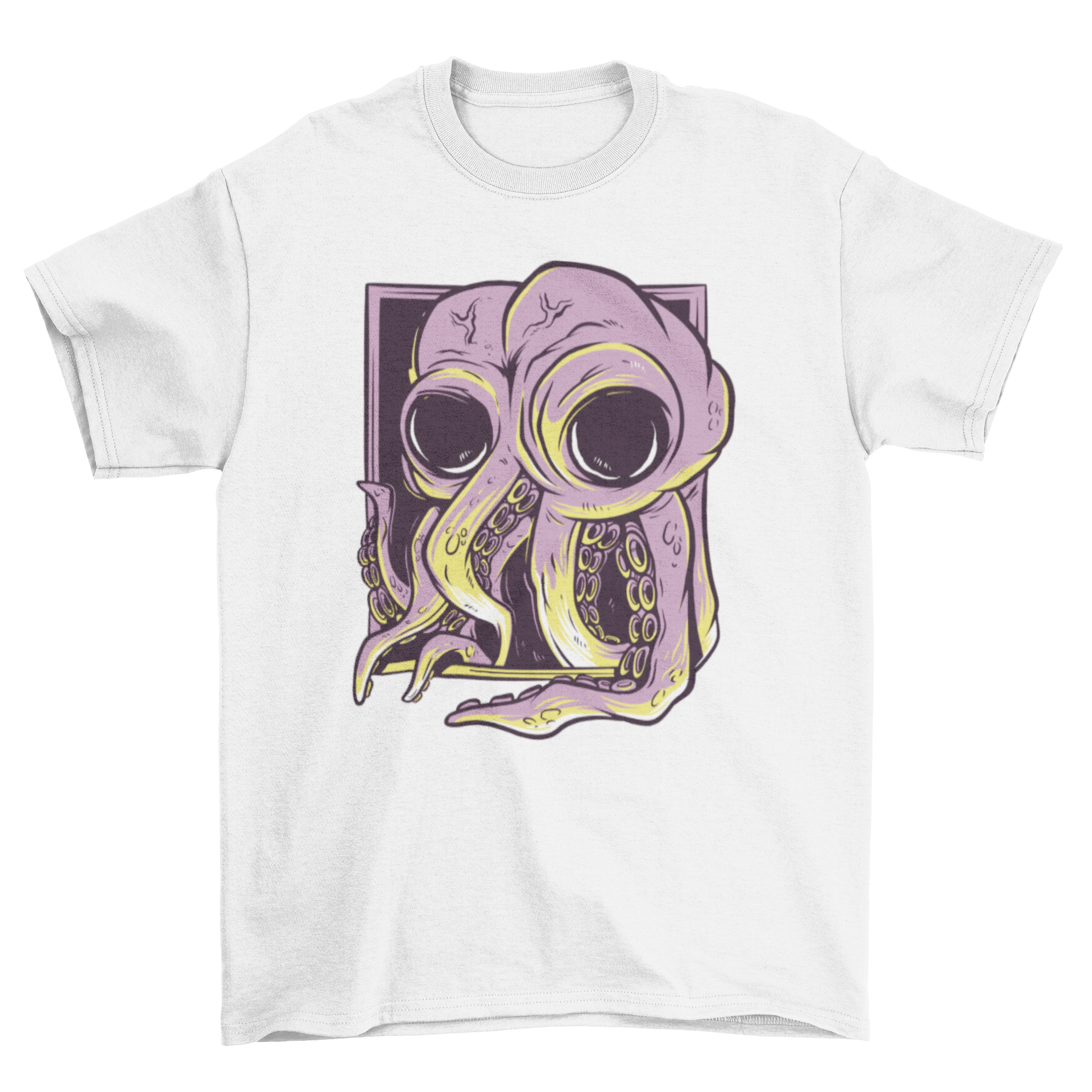 A stylish t-shirt featuring a vibrant octopus design emerging from a frame, perfect for casual wear.